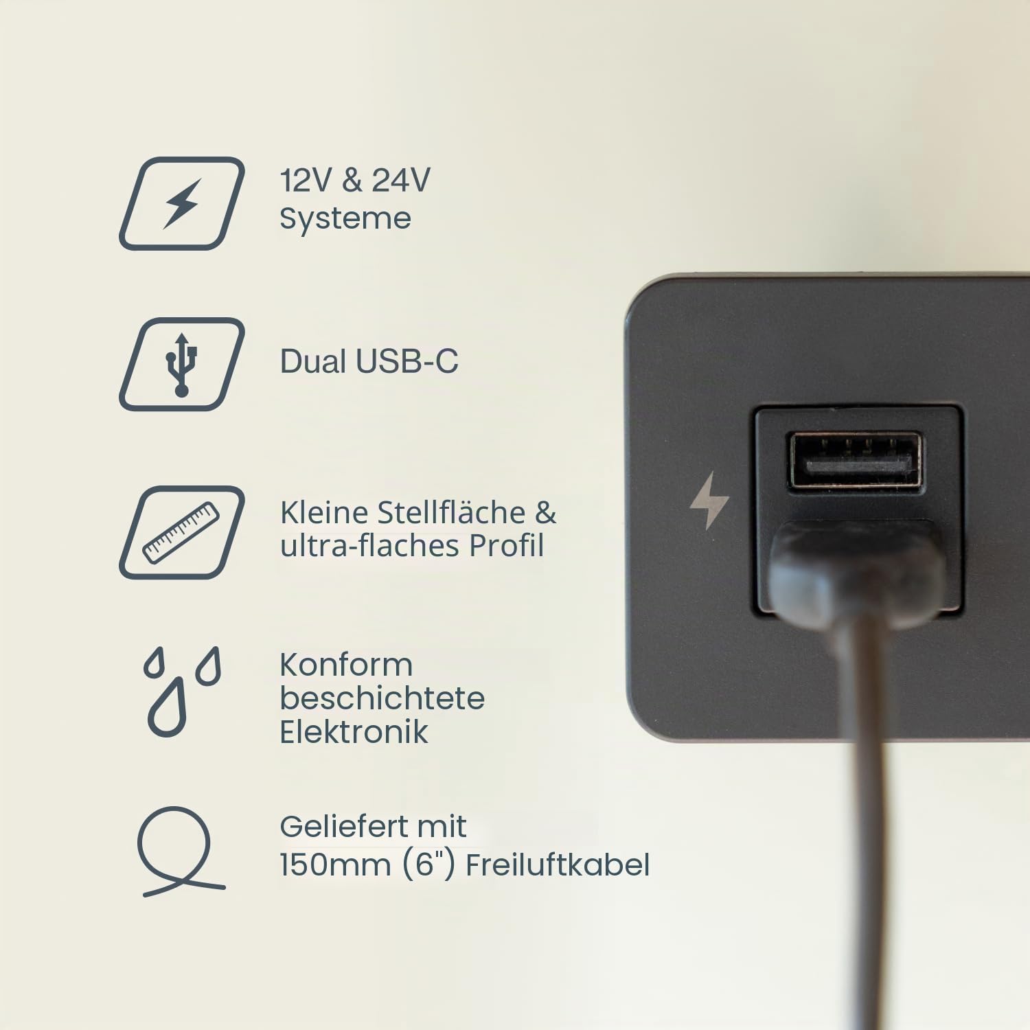 Scanstrut SC-TILE-20 flächenbündige Dual USB-C Ladebuchse 10-32 V | Bis zu 36 W bei 12 V / 60 W bei 24 V | Ultraflaches Profil 40 mm Fußabdruck | Schwarzer Rahmen | USB-C Ladegerät für Marine- und