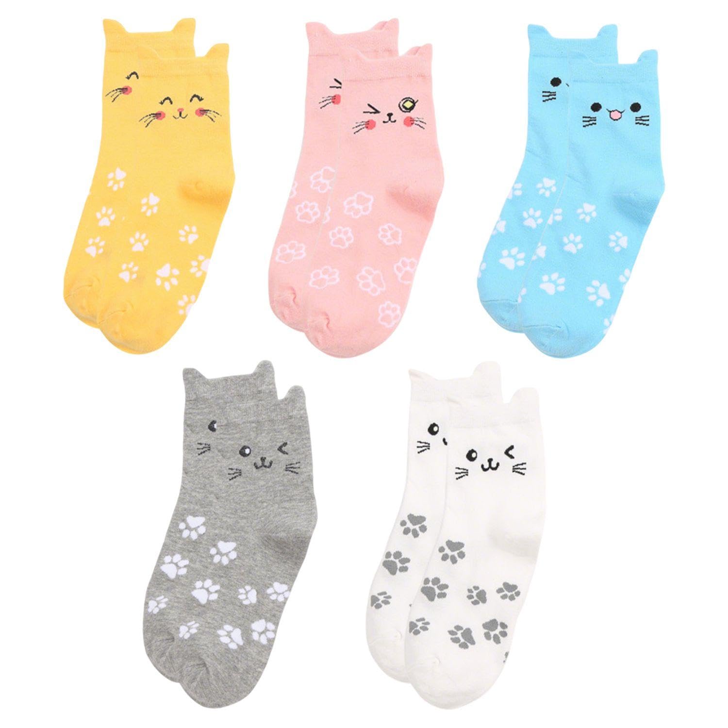 Rnfksu Unisex Kids Multicolor 5 Pairs Of Cute Cotton Cat Socks, Cartoon Children's Tube Socks, Soft And Comfortable, A Gift For Cat Lovers.