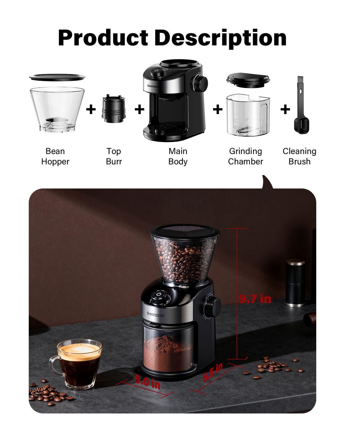 SHARDOR Burr Coffee Grinder Electric with 32 Grinding Sizes 3.0, Coffee Grinders for Home Use with 40 Seconds Adjustable Electronic Timer, Coffee Bean Grinder with Chamber Cleaning Button — view 7