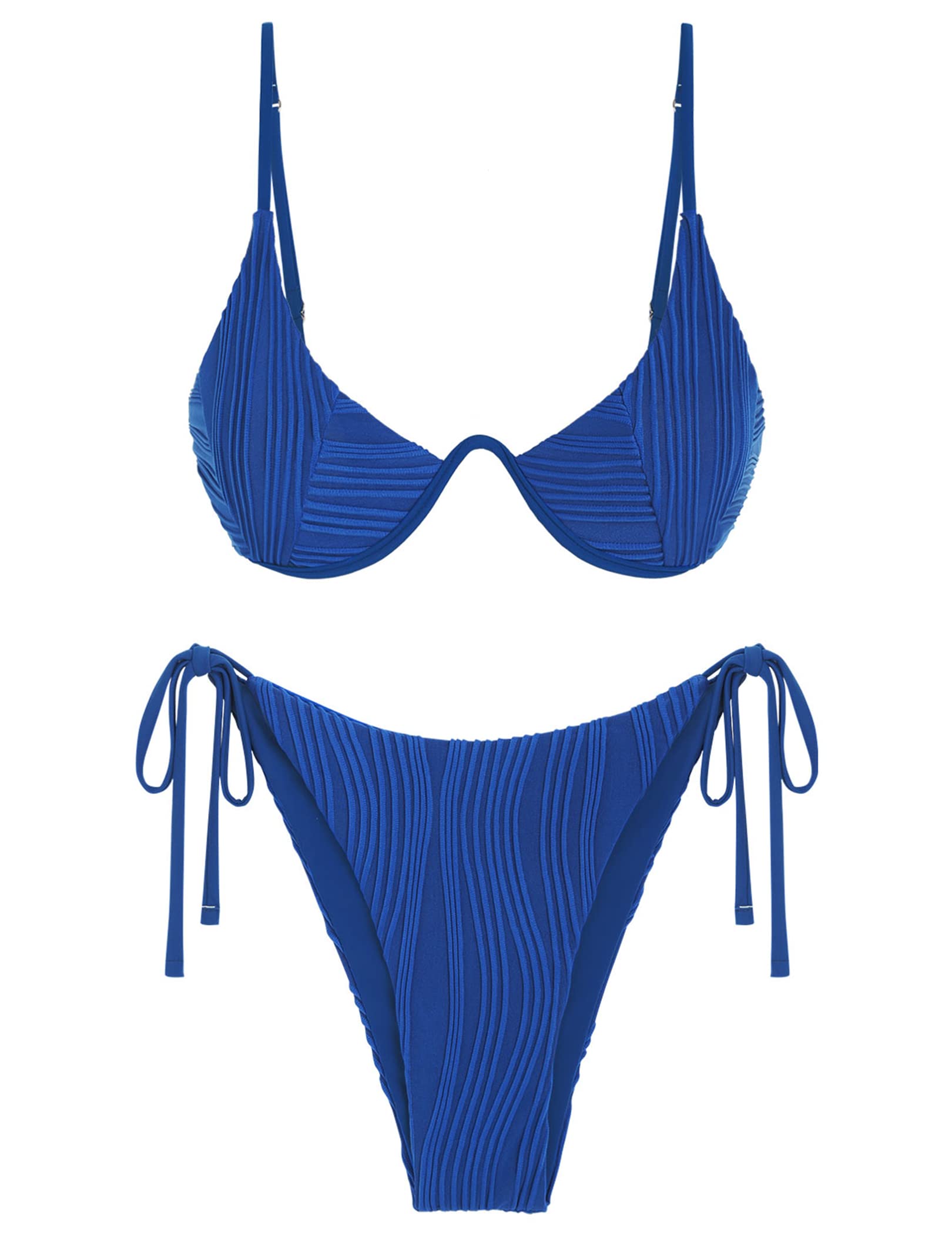 ZAFULWomen's Bikini Sets Ribbed Two Piece Swimsuits Underwire Adjustable Back Clasp Bathing Suit Side Tie Thong Swimwear
