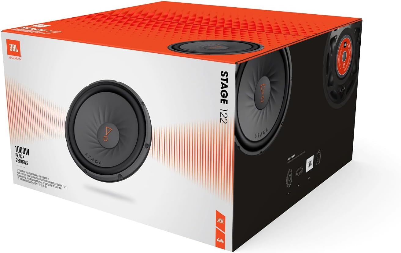 JBL Stage 122 Subwoofer Auto 300 mm (12”), passivo, 250W RMS e 1000W Max, 4 Ohm, 91 dB, risposta in frequenza 34–200 Hz, bobina da 2”, altezza incasso 15,4 mm, per box o installazione libera
