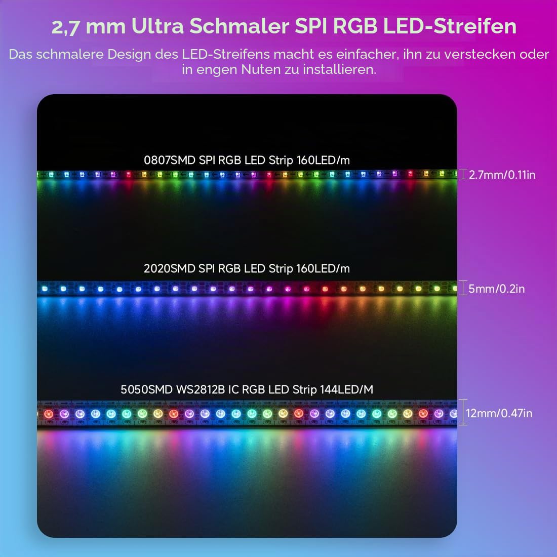 BTF-LIGHTING RGB IC 2.7mm extrem schmal LED-Band SMD0807 DC12V 5M 160LEDs/M | Adressierbares Band Flexibles Traum Farbe Dünnes Seil IP30 Nicht Wasserdicht für DIY Dekoration (nur Streifen)