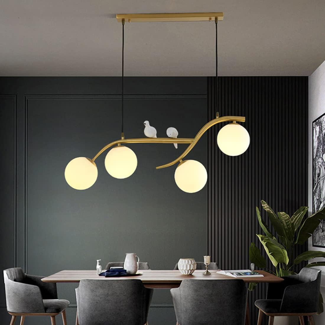 Lampadario a 4 luci in Vetro opalino Dorato Stile Mid-Century Modern per Tavolo da Pranzo, Stile Rustico, Nero, a Sospensione lineare Lunga, con Uccelli nordici, Lampada da soffitt