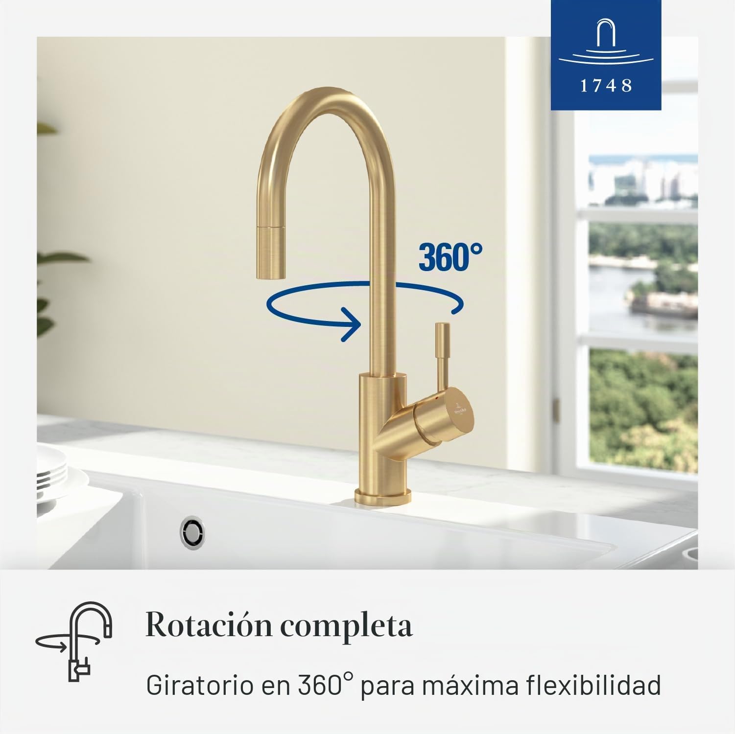 Villeroy & Boch Umbrella Flex grifería de cocina, alta presión, grifo de cocina con rociador extraíble y radio de giro de 360°, grifo de fregadero de bajo consumo, altura del caño 220 mm, dorado