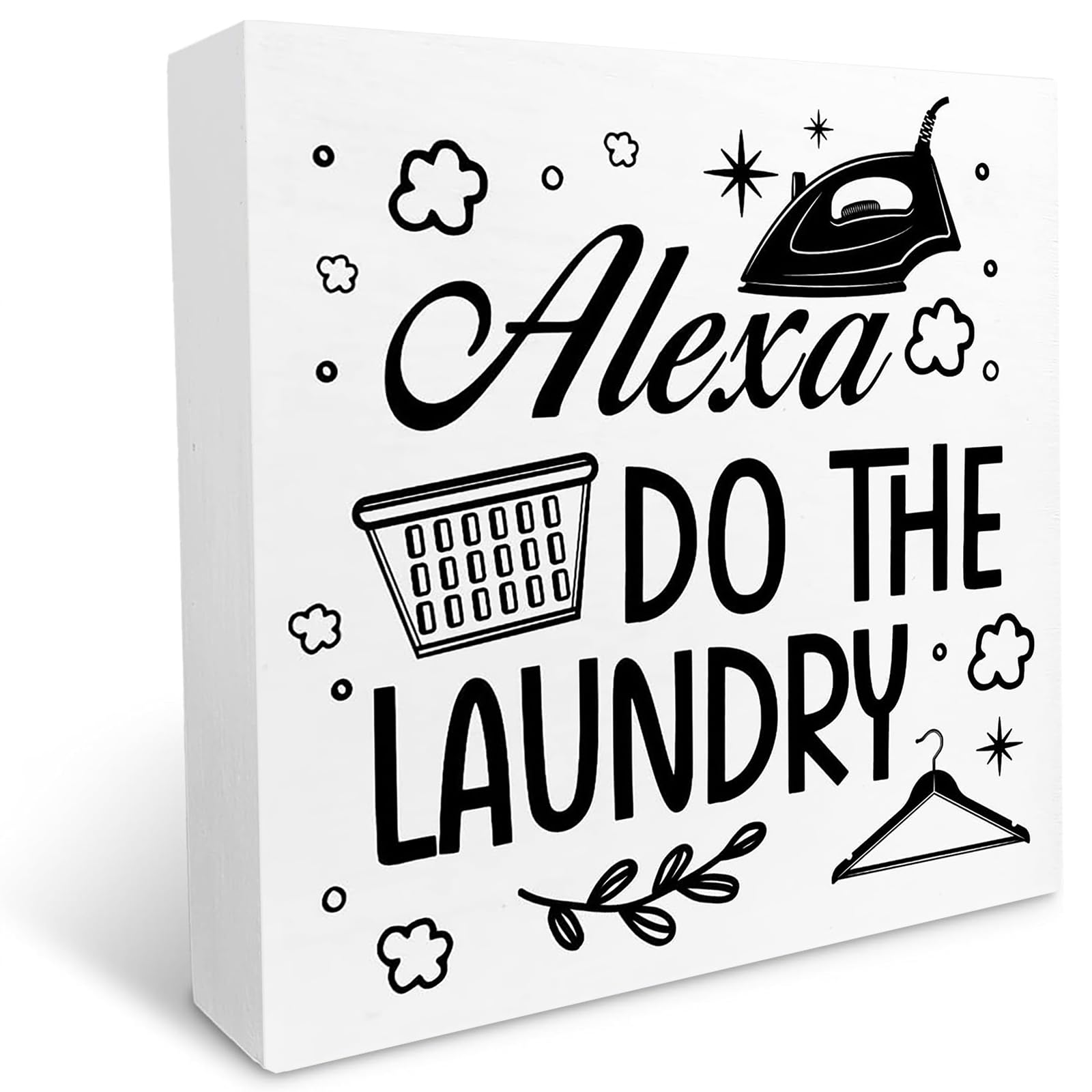 kisoyo Alexa Do the Laundry Wooden Box Sign Desk Decor,Farmhouse Laundry Wood Sign Desk Decorations for Rustic Home Laundry Room Shelf Table Decor 7x7 Inches