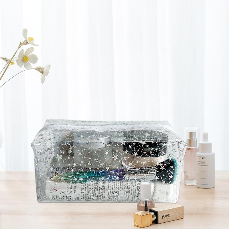 1PCS Star Printing Clear Cosmetics Makeup Bag 7.9 x 3.9 x 3.54 inches Waterproof Travel Toiletry Storage Bag Vinyl Plastic PVC Zippered Organizer for Girls Friends Women (purple) - Image 4