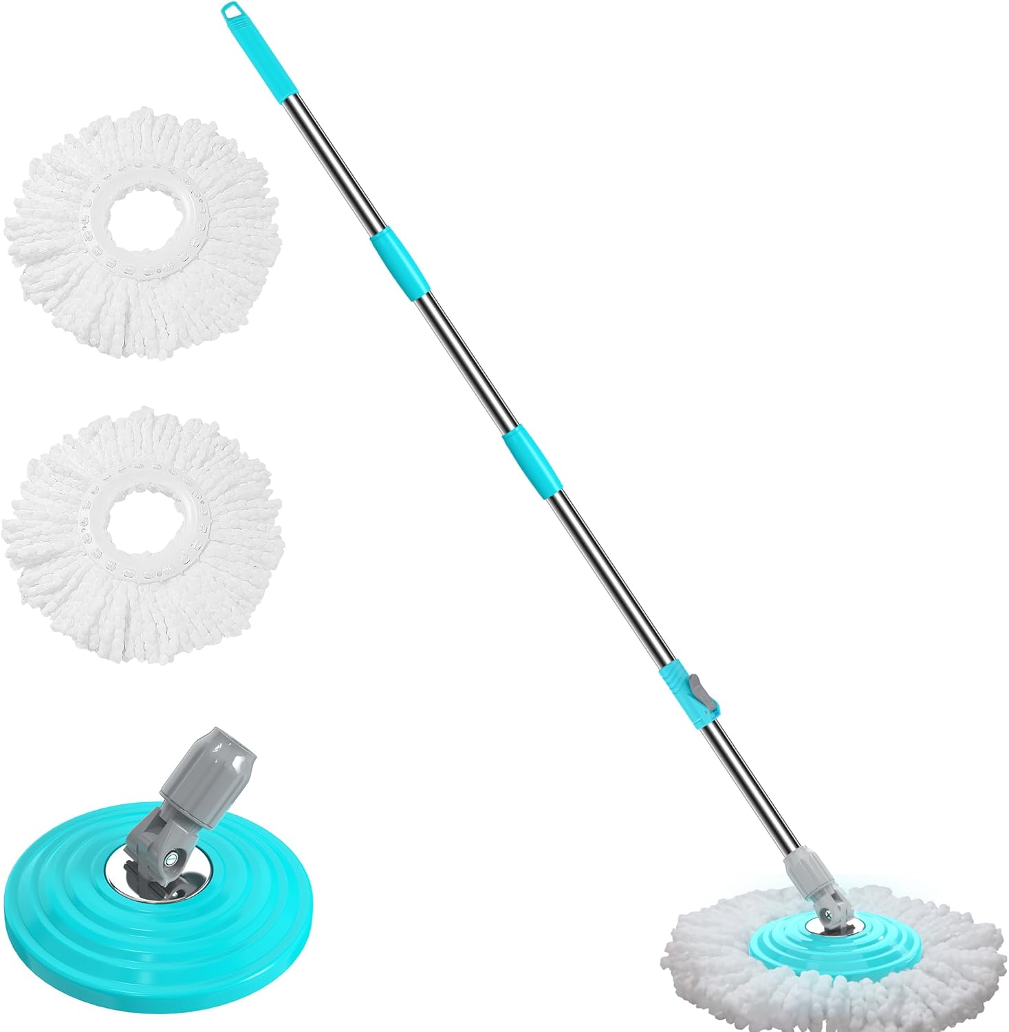 Stainless Steel Extendable Mop Handle with 2 Microfiber Replacement Heads & 360° Rotating Base Plate — Fits Standard Mop Buckets -Blue Stainless Steel Extendable Mop Handle with 2 Microfiber Replacement Heads & 360° Rotating Base Plate — Fits Standard Mop Buckets -Blue