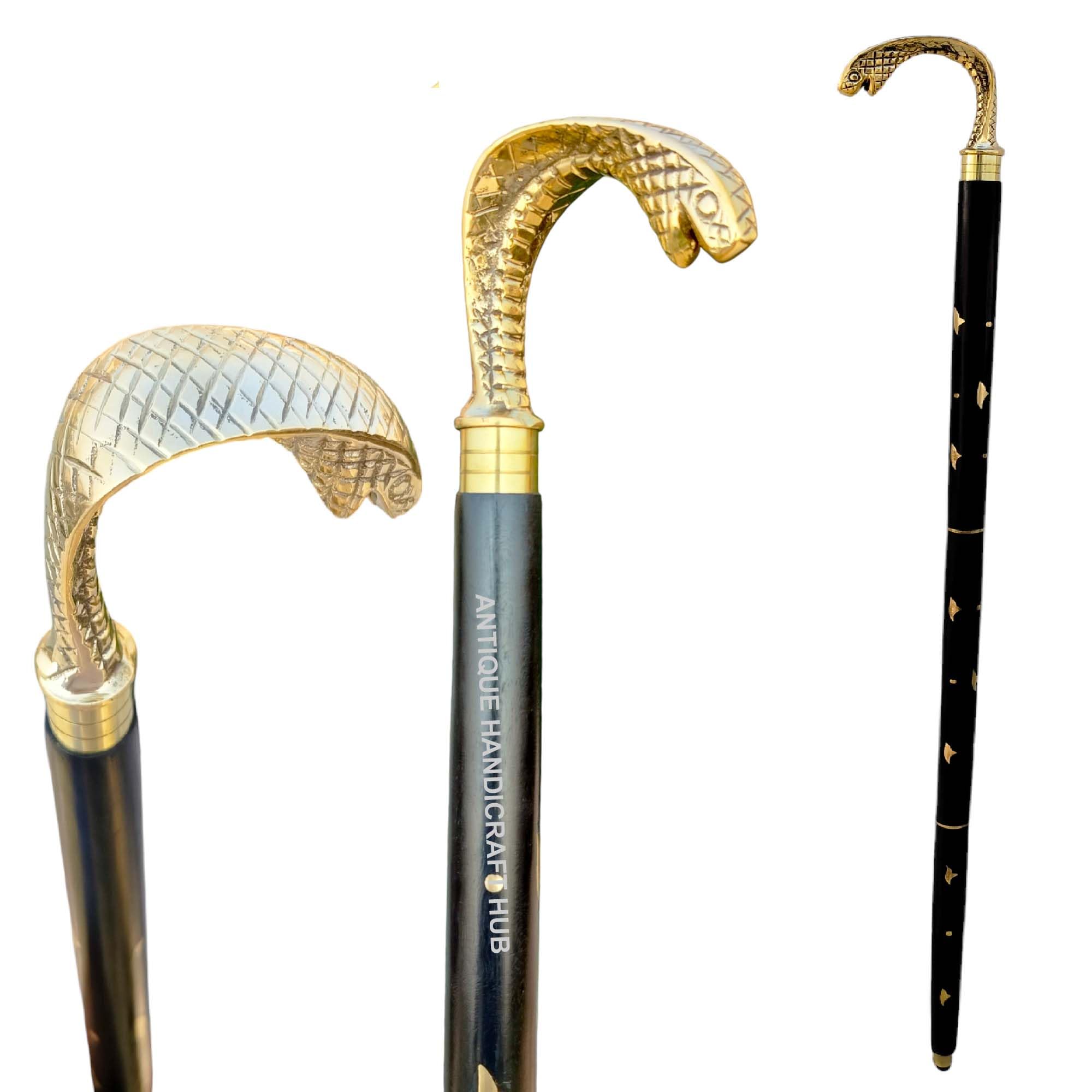 Antique Wooden Walking Stick Cane Snake Style Brass Handle Handmade Gift