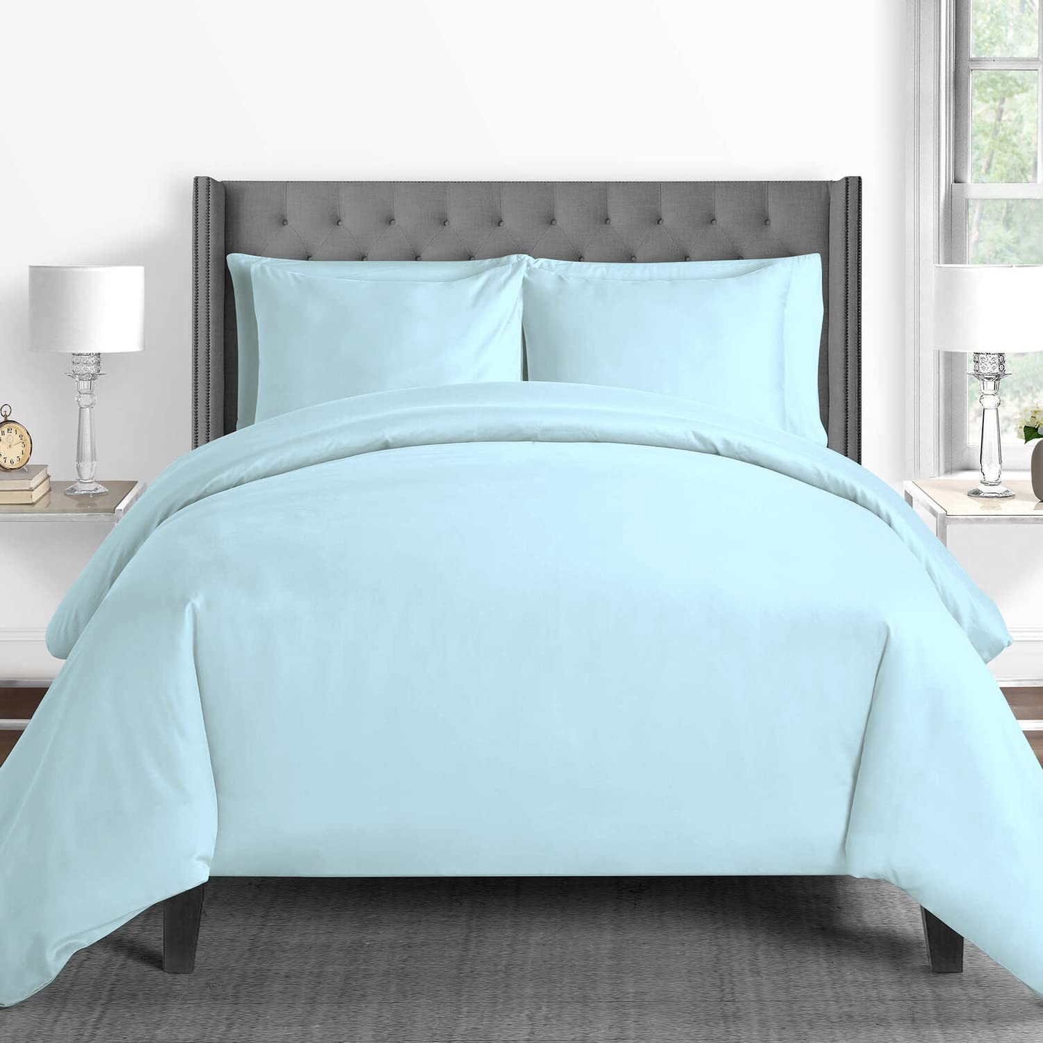 Pizuna 600 Fadenzahl aus Baumwolle Bettwäsche Baby blau, 100% Langstaple Baumwolle Bettbezug und Kissenbezug, 100% Baumwolle Mako Satin 3-Teilig Bettwäscheset 155x200 + 80x80 Baby blau Mako Satin