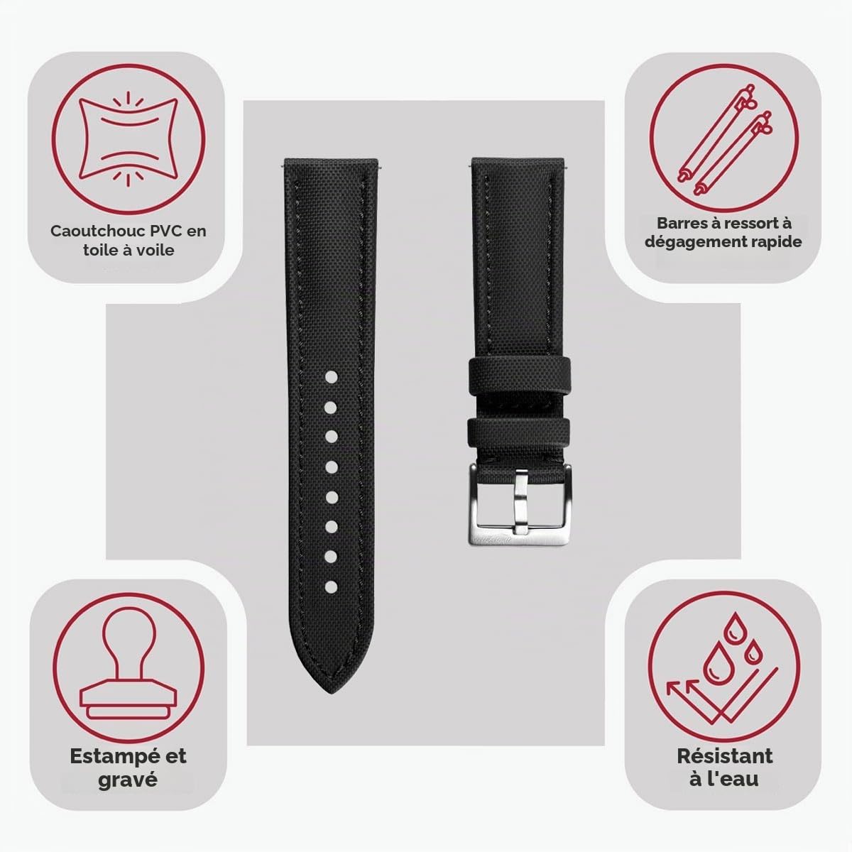WatchGecko Bracelet Atlas en toile à voile | Bracelet de montre de rechange imperméable en PVC, texture toile à voile, rembourré et souple pour plus de confort