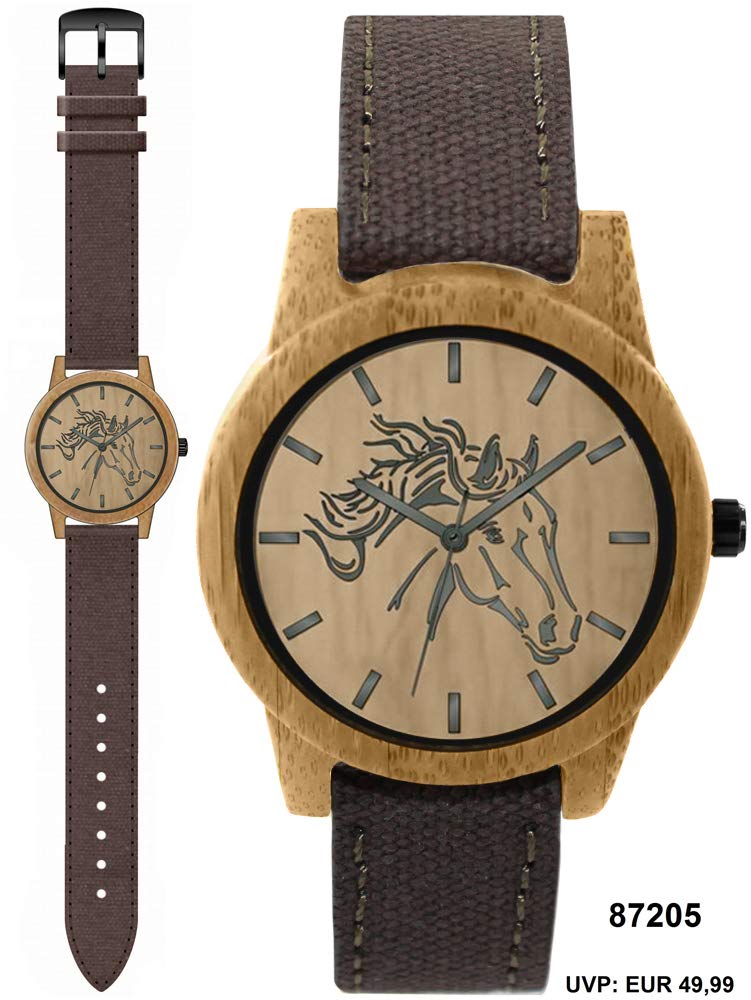Pacific Time Damen Armbanduhr Pferd Holz Canvas Uhrenarmband Textil braun analog Quarz 87205