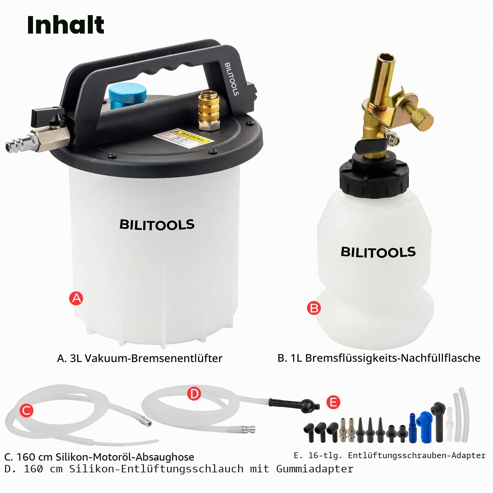 BILITOOLS 3L Universal Bremsenentlüftungsgerät Set für KFZ & Motorrad | Druckluft Bremsflüssigkeitswechselgerät mit 1L Nachfüllflasche und Adaptern