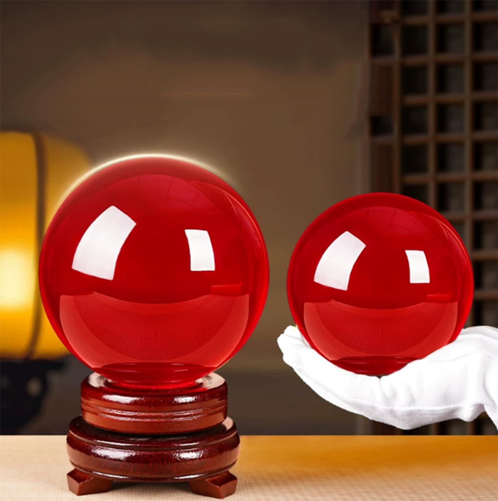Figurka w kształcie czerwonej kryształowej kuli, magiczna szklana kula Feng Shui z drewnianym stojakiem, dekoracyjna kula do fotografii lensball, wróżka, czary,3.14"(8cm)