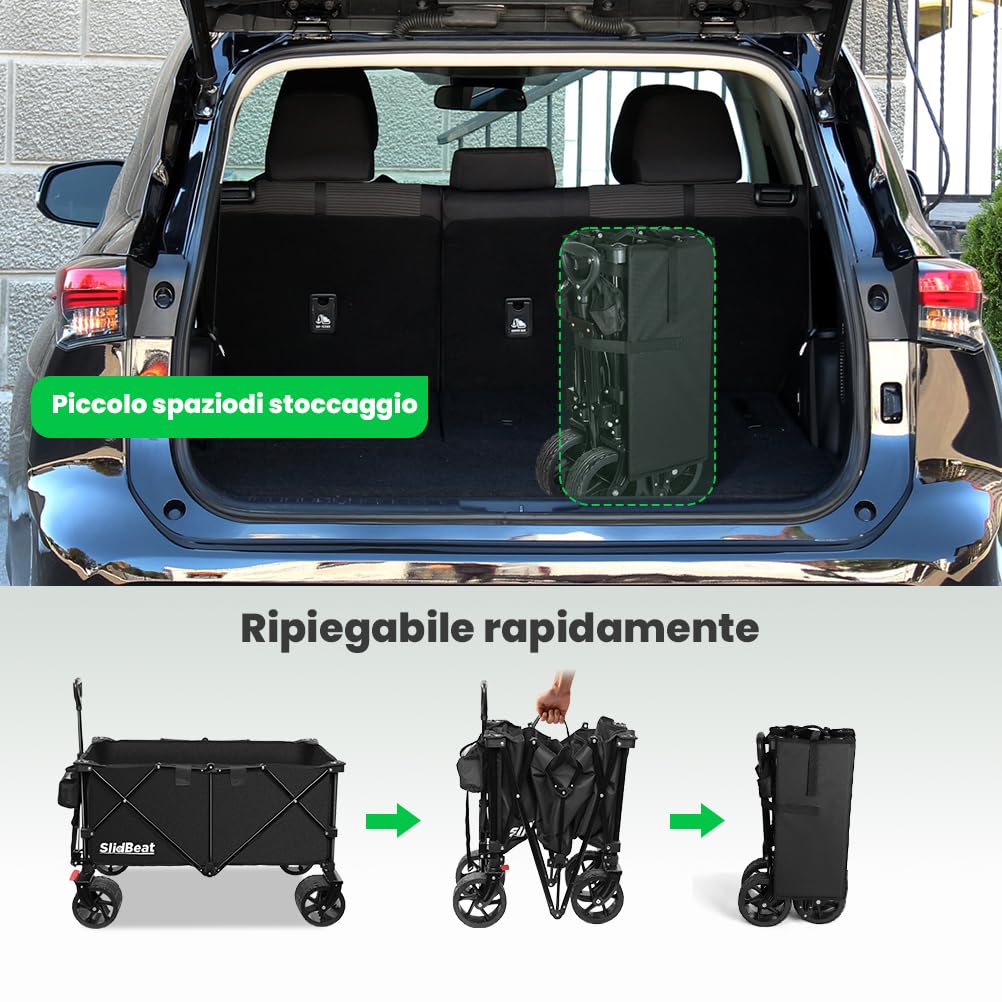 SLIDBEAT - Carrello da Giardino Pieghevole, Carrello Spiaggia con Ruote Grandi, Portata fino a 250kg, per Attività All'aperto, Giardino, Campeggio
