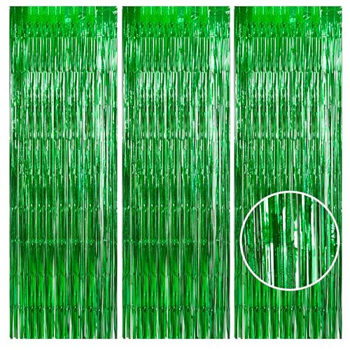 Image of TONIFUL 3Pcs Laser Green Door Streamers, Metallic Streamers Foil Fringe Curtains for Birthday, Christmas, New Year, Bachelorette, Grad Party (9.9ft x 6.6ft)