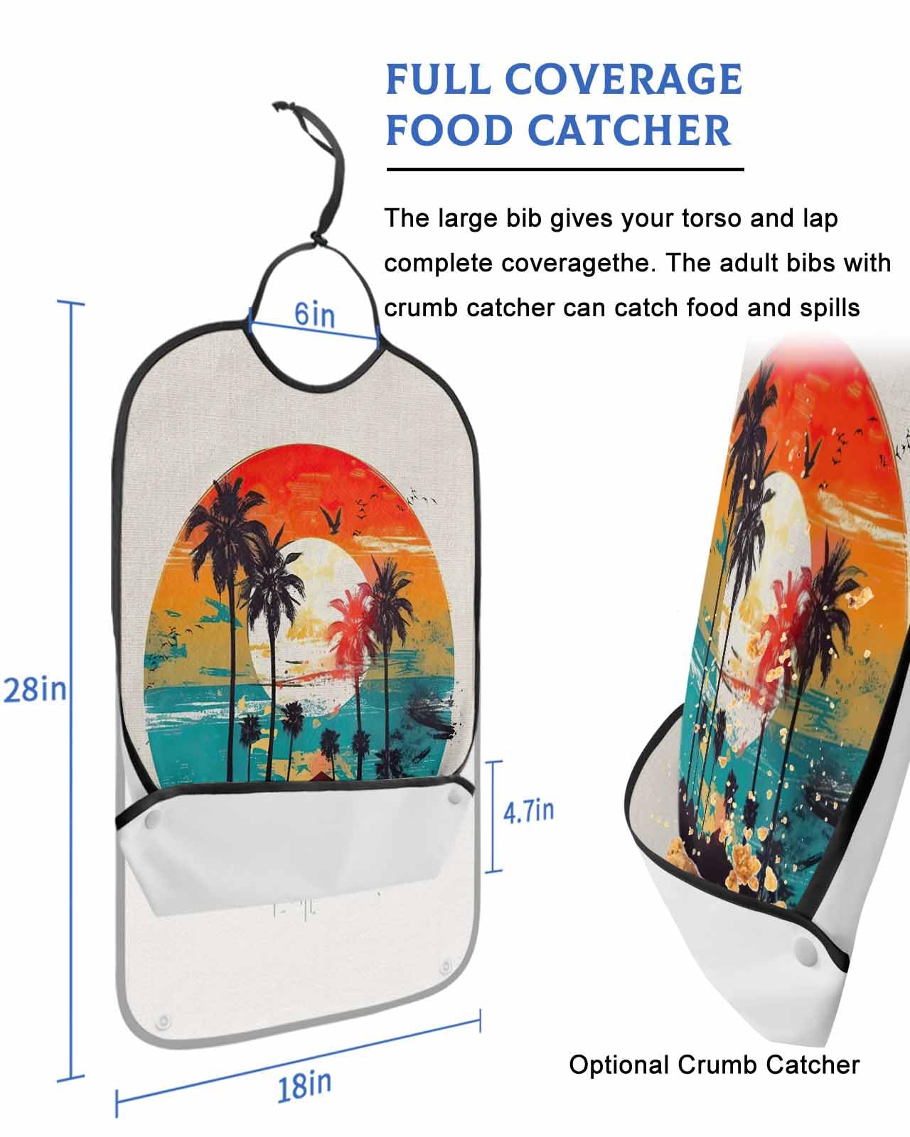 Tropical Palm Coconut Adult Bib for Eating with Crumb Catcher,Summer Island Bird Graffiti Seascape Waterproof Terry Cloth Adjustable Elderly Women Men Adult Bibs Funny Apron Clothing Protector