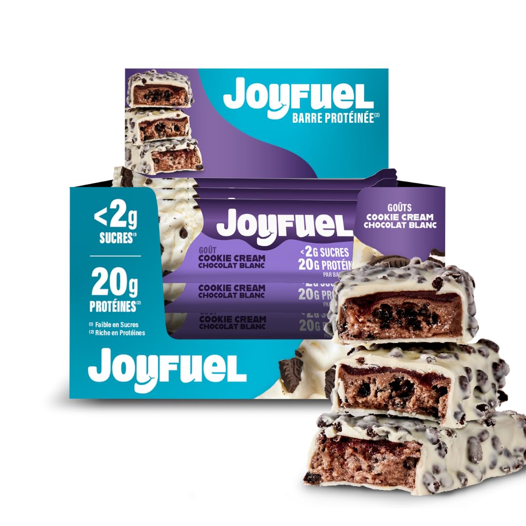 JOYFUEL Barrette proteiche – Gusto cioccolato bianco & Cookie & Cream – < 2 g di zucchero – 20 g di proteine – Scatola da 12 barrette x 55 g