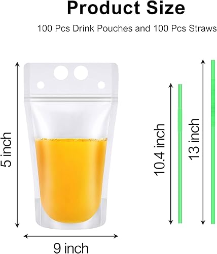 Miniatura 2 de 100 bolsas de bebida con 100 popotes de bebida, bolsas reutilizables para batidos, bolsas de jugo, bolsas de bebidas para adultos, bolsas de bebidas