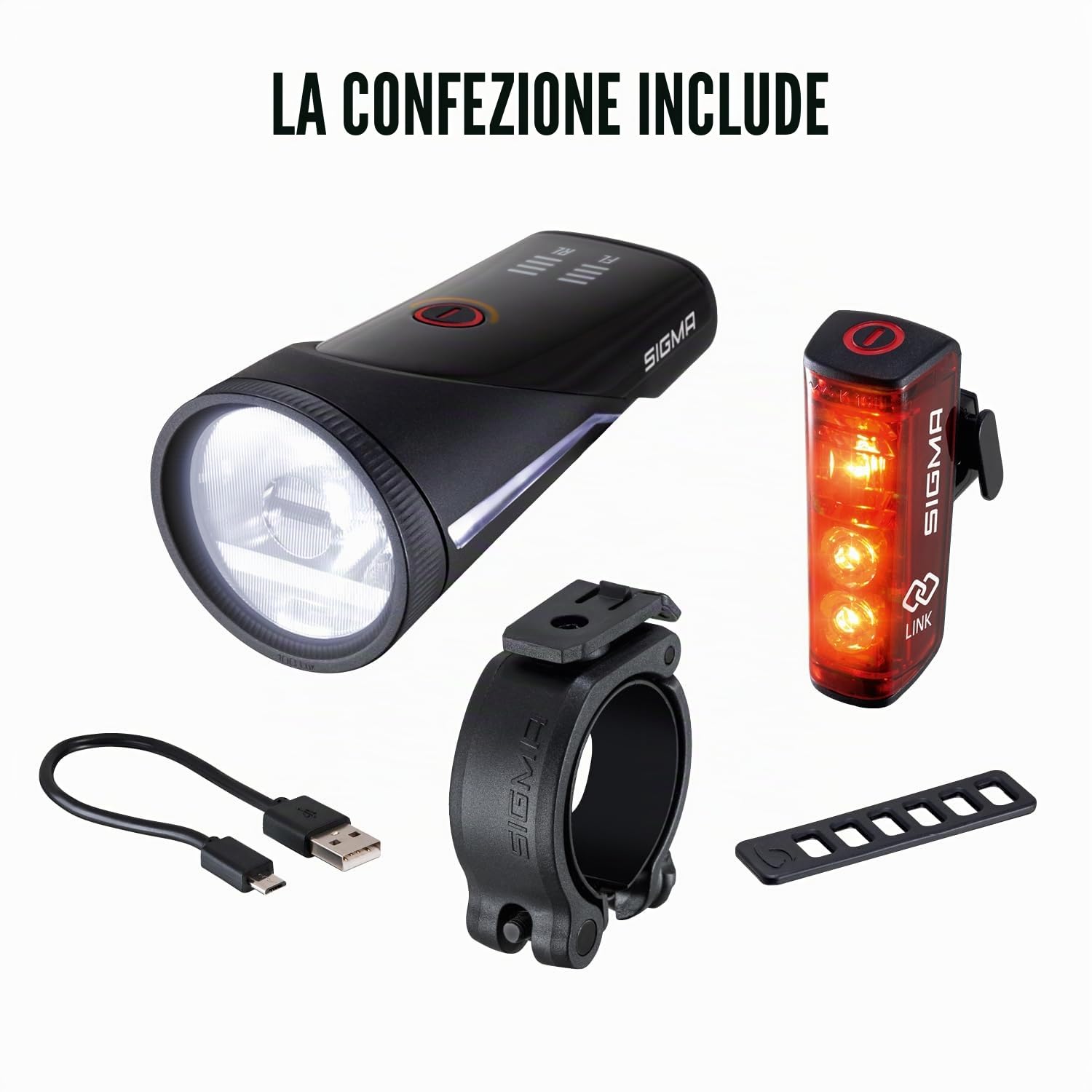 SIGMA Aura 100/Blaze Link kit di luci per bicicletta (montaggio a vite) | Innovativa funzione frizione 100 lux LED luce anteriore per bicicletta | Luce posteriore con funzione di luce freno