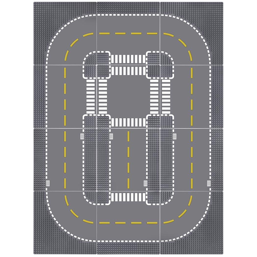 Lekebaby 12 Platten-Set Stadt Strassen Grundplatte, 25.5 * 25.5cm Straßenplatten 100% Kompatibel mit Meisten Marken, 4 Kurve/ 4 T-Kreuzung/ 3 Gerade/1 Kreuzung