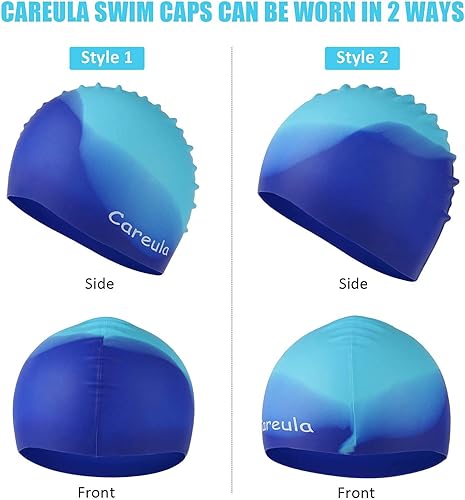 Miniatura 7 de Gorro de natación, paquete de 2 gorras de natación de silicona duradera para niños, niñas, jóvenes (2 a 12 años), suaves y ergonómicas 3D