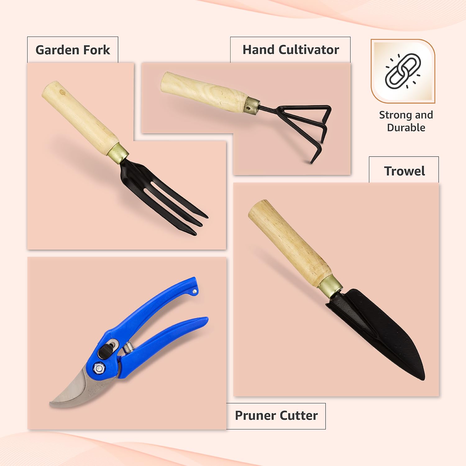 Amazon Brand - Solimo 4-Piece Gardening Tool Set | Hand Cultivator, Trowel, Garden Fork, Pruner | Wooden Handle - Image 2 thumbnail