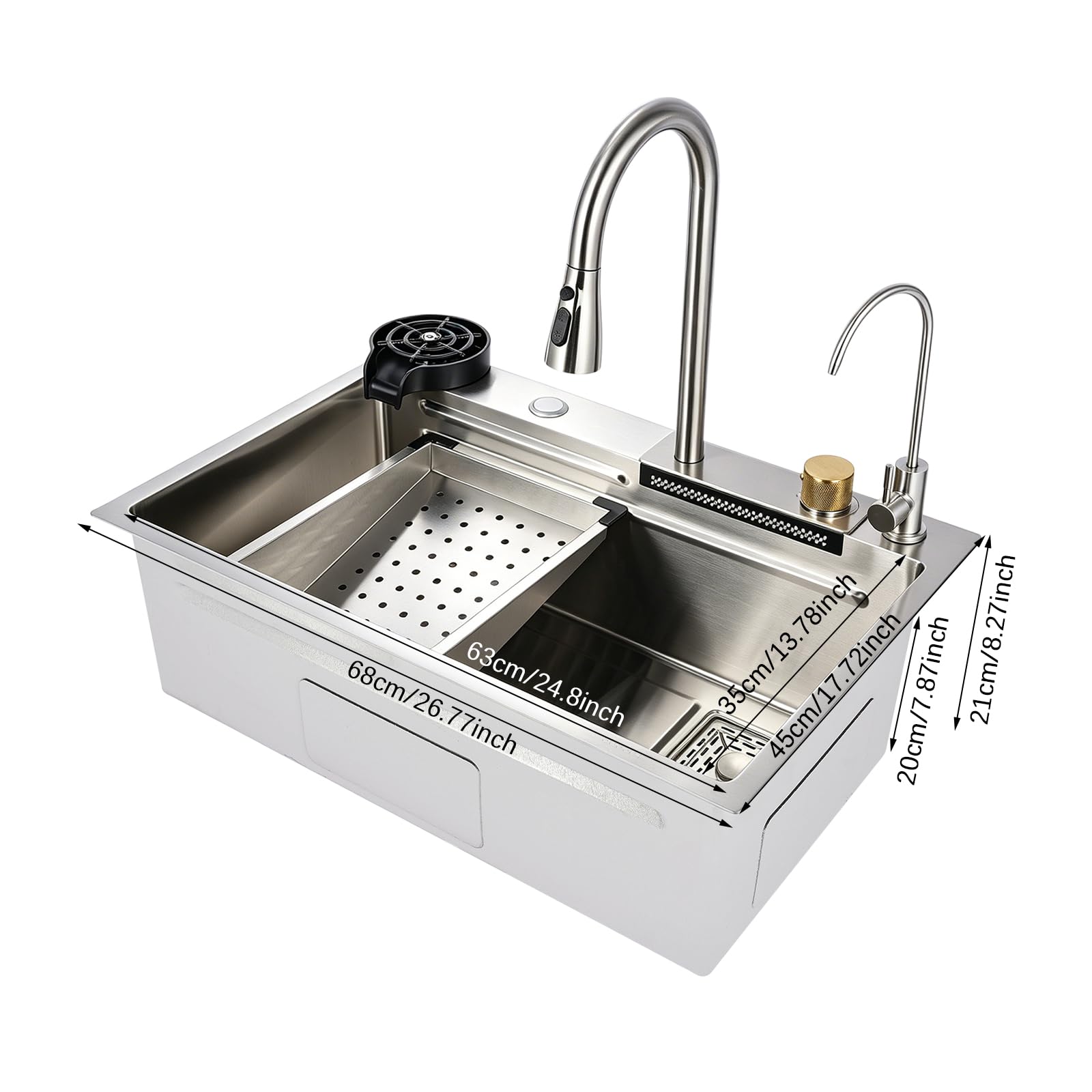 Fregadero de cocina 68 × 35 × 21 cm, acero inoxidable 304, 4 modos, juego completo | Grifo extensible con diseño de doble etapa, incluye 5 puntos de montaje preperforados, sifón y sistema de filtro