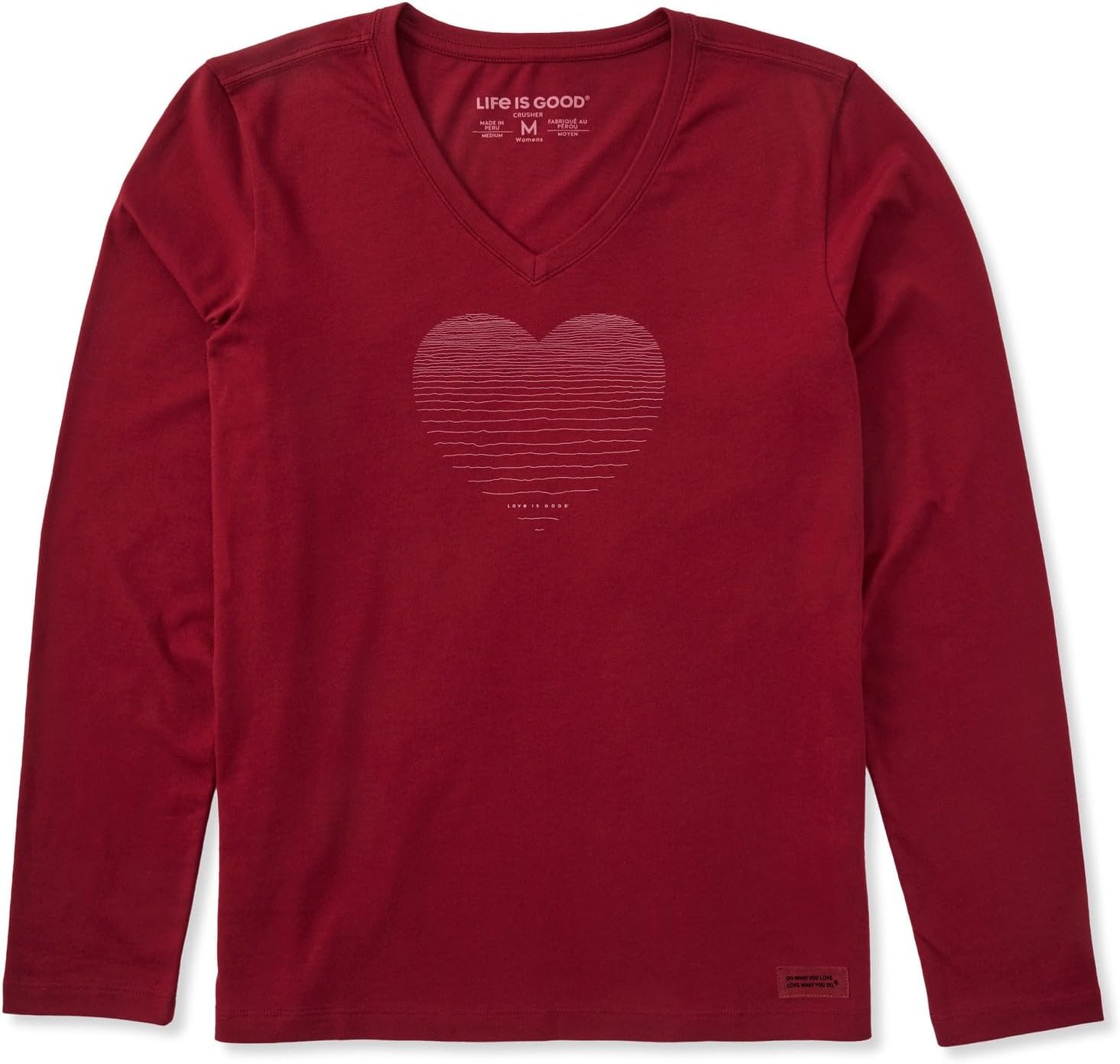 Life is Good Women's Linear Heart Long Sleeve Crusher Vee, Adirondack Red