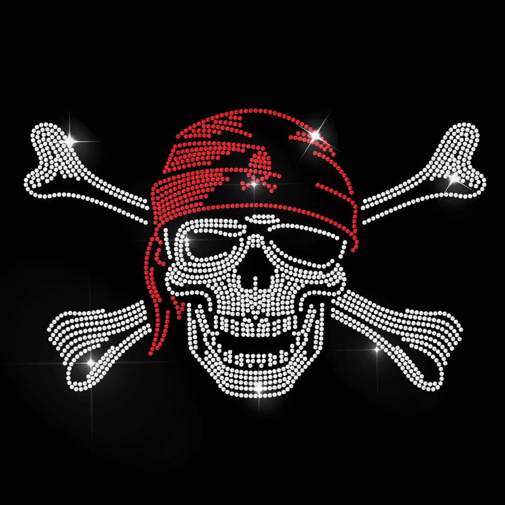 MAYJOYDIY Skull Pirate Rhinestone Iron on Hotfix Transfer Red Bandana Skull Heat Transfer Sticker Crossed Bones Bling Clothing Decoration Applique for Shirt Bag Hat Jacket Jeans Shoes DIY Crafts