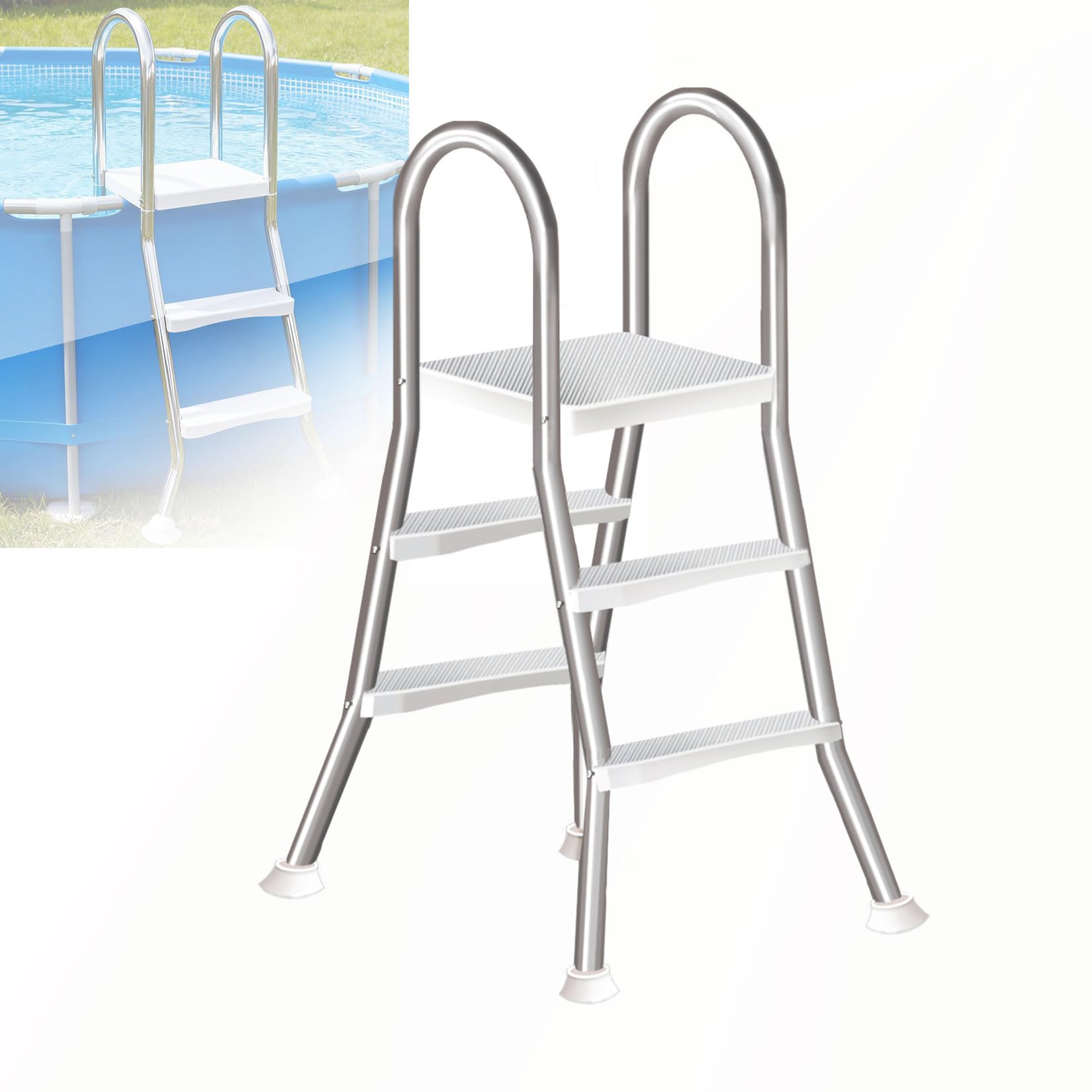 LHFJ Above Ground Pool Ladder, 135cm Heavy Duty Luxury Pool Ladder with Platform, 4-Steps Swimming A-Frame Pool Ladder, 304 Stainless Steel, 250kg Load Capacity, Anti-Slip feet & Wider Steps,85CM