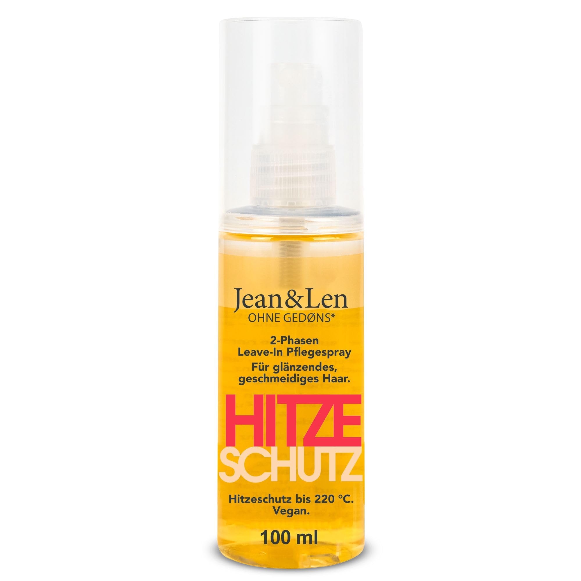 Jean & Len Spray protector del calor bifásico Leave-In, para todo cabello, protege del calor hasta 220 °C, fórmula anti-frizz, Heat Protection Spray, sin parabenos ni siliconas, vegano, 100 ml