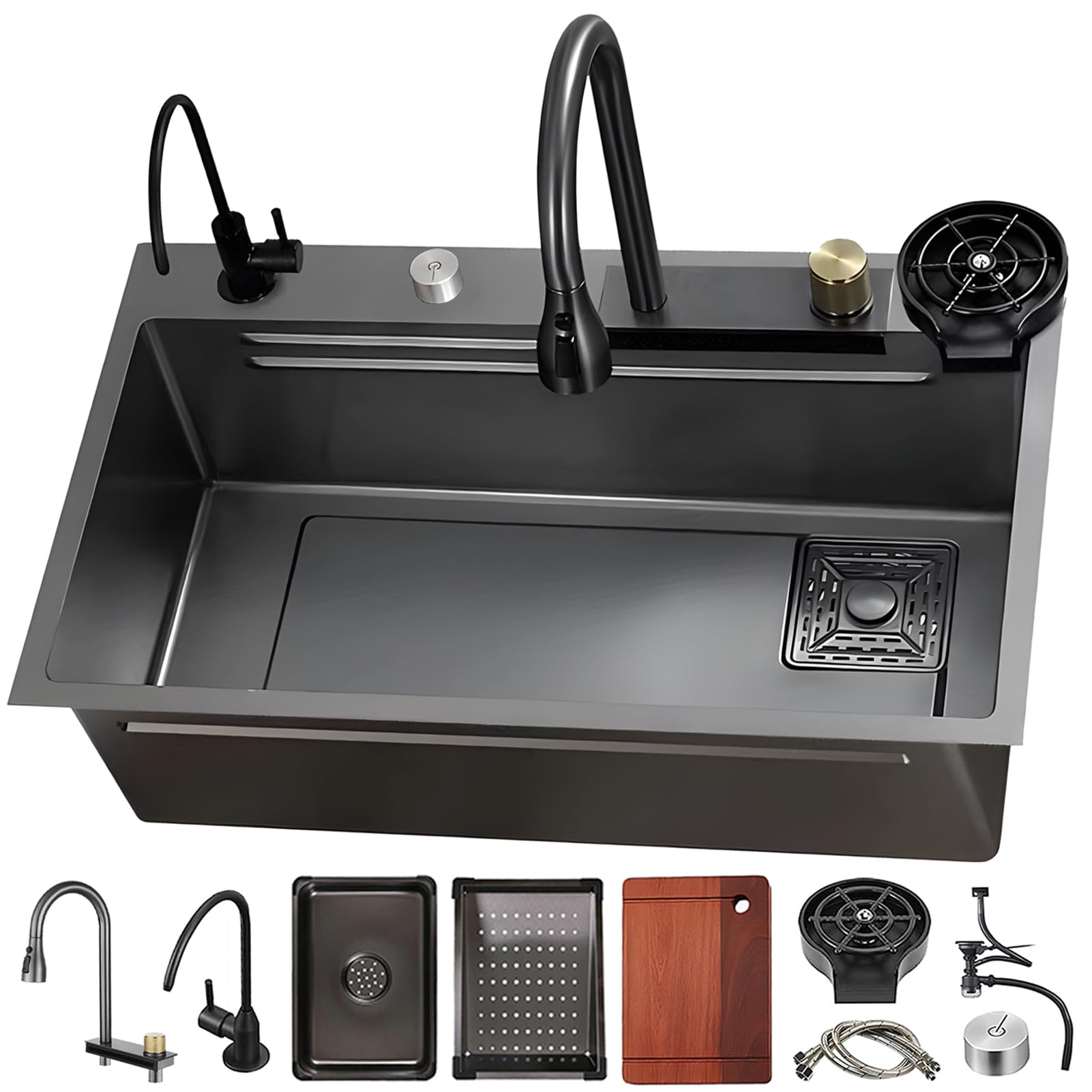 Fregadero de cocina multifuncional de acero inoxidable con efecto cascada, 85 × 50 cm, gran fregadero de estación de trabajo, fregadero individual con montaje en la parte superior, con botón