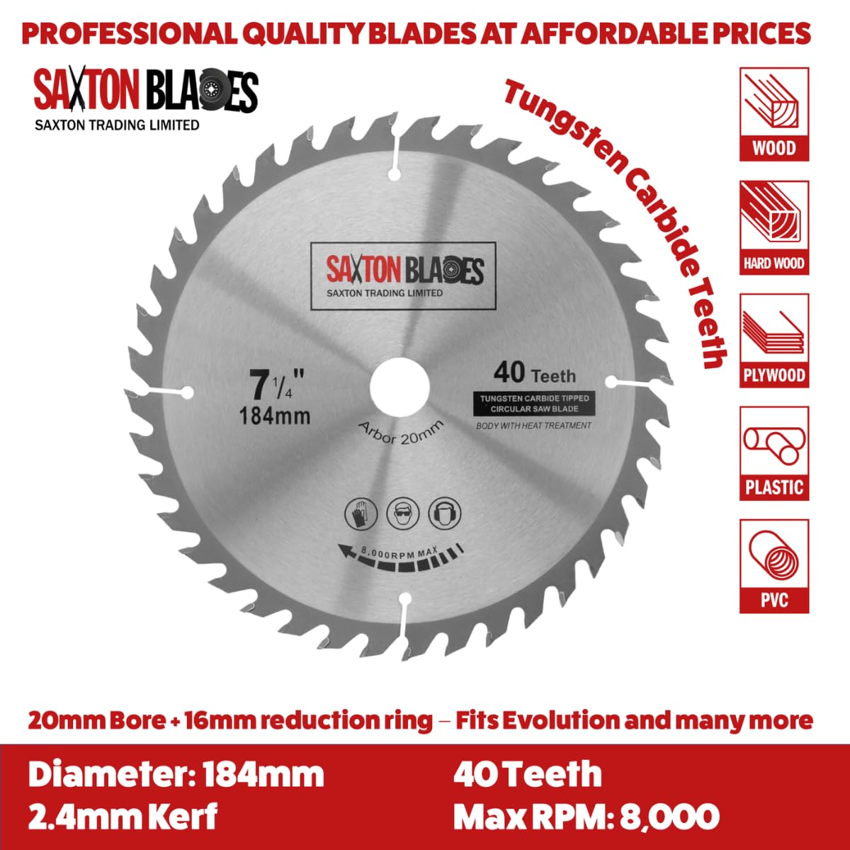 Saxton TCT - Lama circolare da 184 mm, C, foro 20 mm (anello da 16 mm), confezione da 3