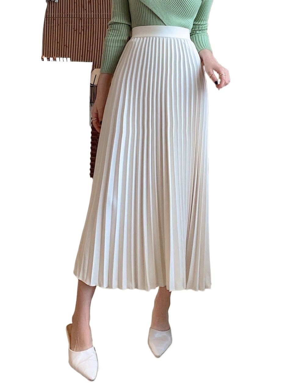 Womens Trendy Solid Color Elegant Pleated Skirt for Midi Skirt