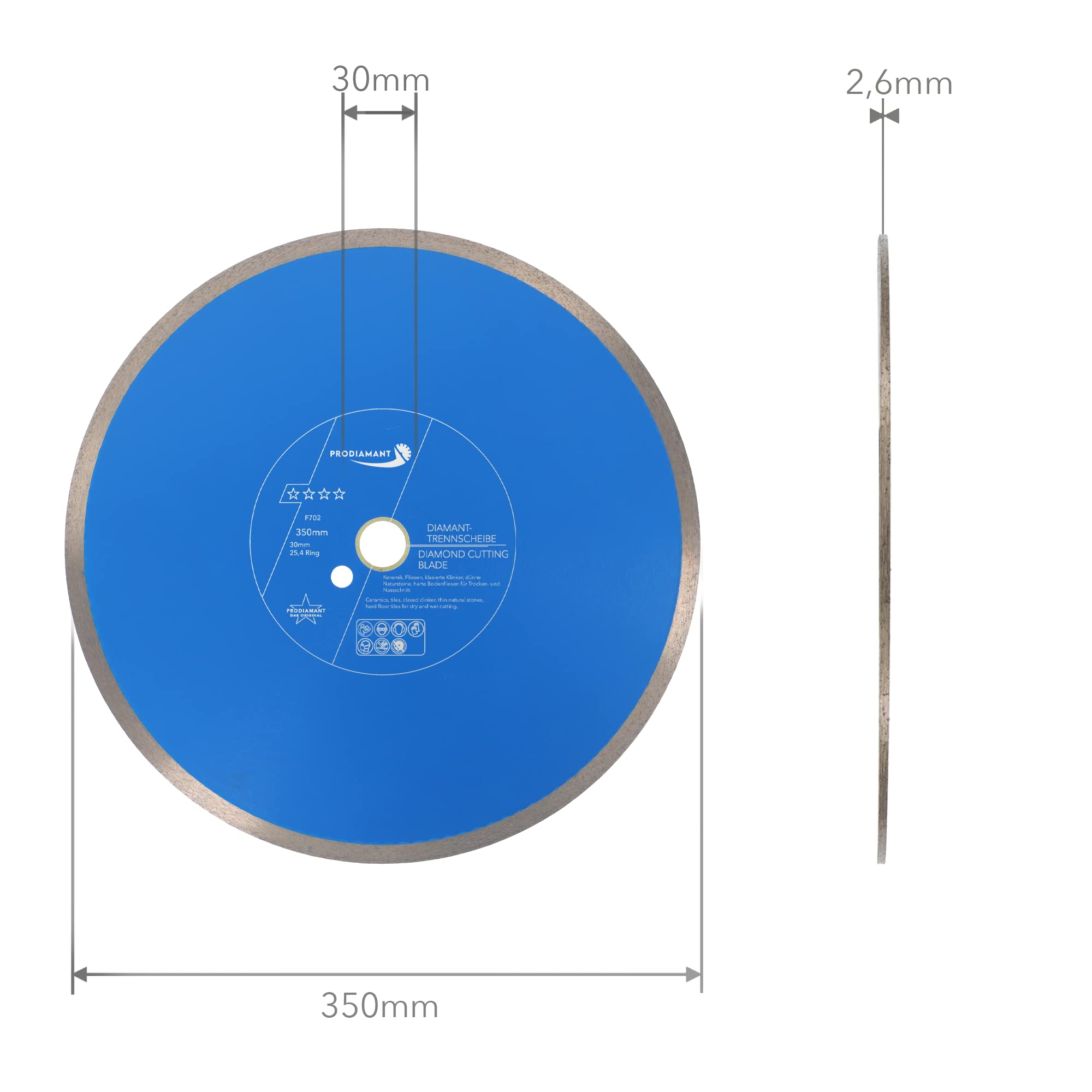 PRODIAMANT Profi Diamant-Fliesenscheibe Pro-Rim F702 350mm Bohrung 30mm mit Ring 25,4mm für Nassschneider Wassersäge sauberer Schnittkante
