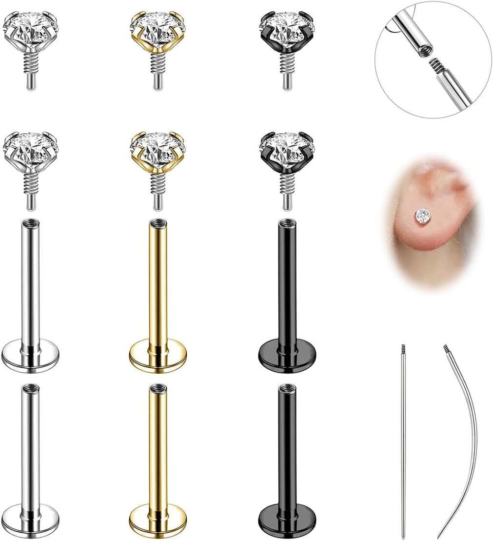 CZ Nose Rings Studs Flat Back Internal Thread Surgical Steel Hypoallergenic Nose Stud Piercing Jewelry for Nostril Tragus Helix Labret Piercings Nose Helix Medusa Lip for Women 8/10Pcs