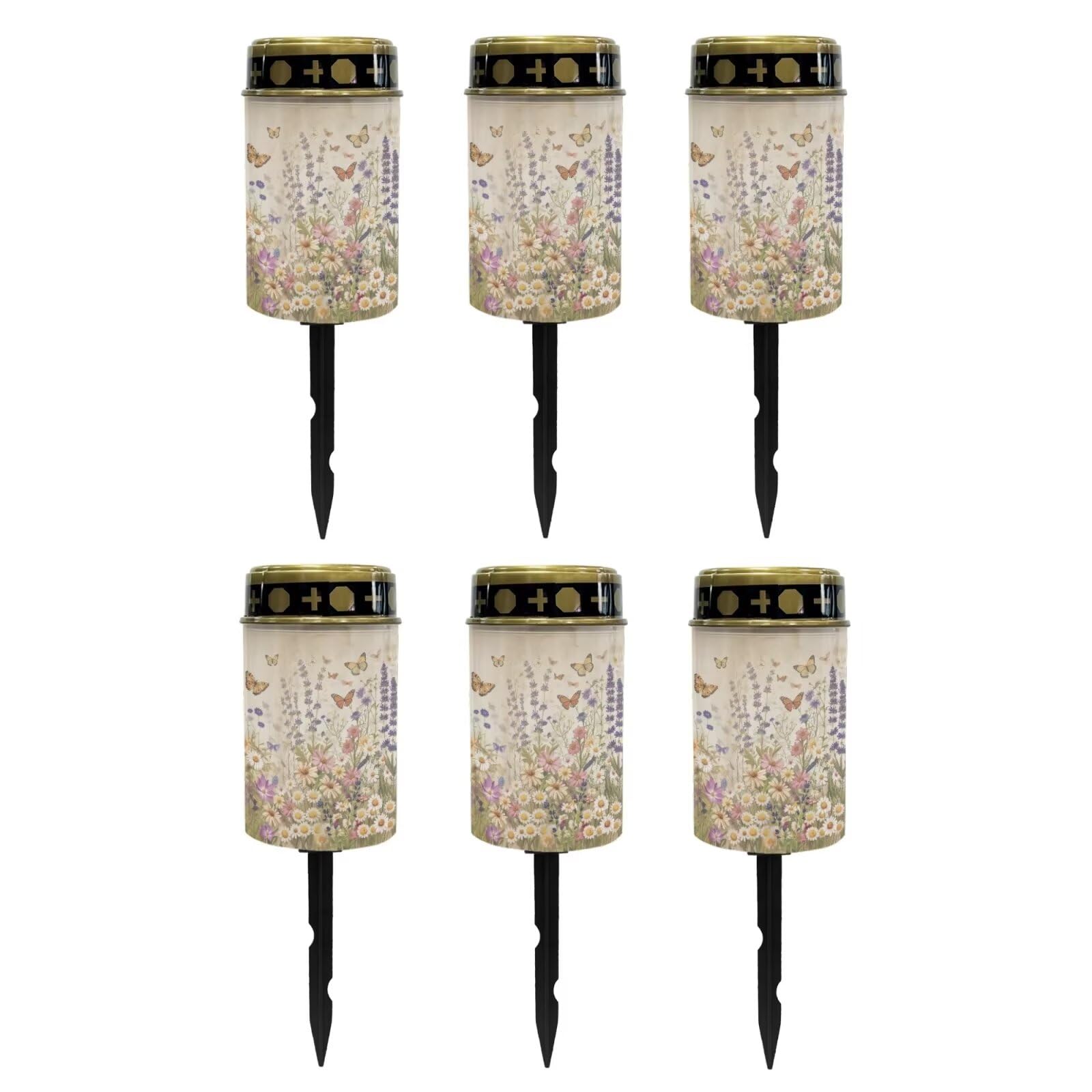 Poceacles Solar Lights Outdoor Solar Powered Outdoor Cemetery Stake Lights Grave Solar Lamp Landscape Lighting Waterproof Grave Flameless Candles, Butterfly Daisy Lavender Floral, Pack of 6