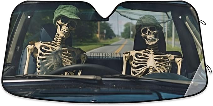 Qilmy Car Sunshade for Windshield Foldable Automotive Sun Visor Protector for SUV Truck Front Window, Auto Skull Human Skeleton Drive