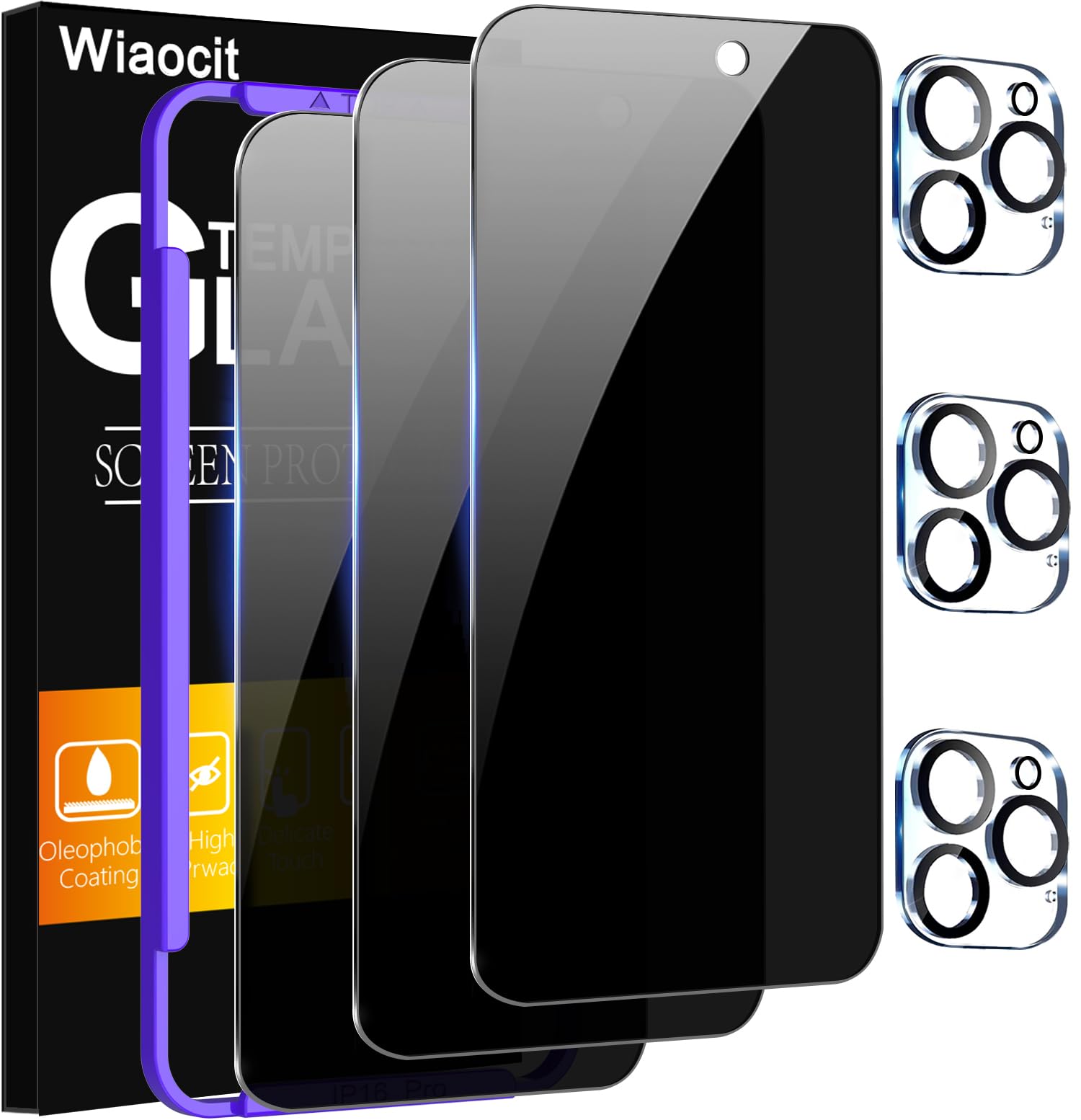 Wiaocit 3 Pack Tempered Glass Privacy Screen Protector for iPhone 16 Pro with 3 Pack Camera Lens Protector, 9H Hardness, Bubble Free, Case Friendly