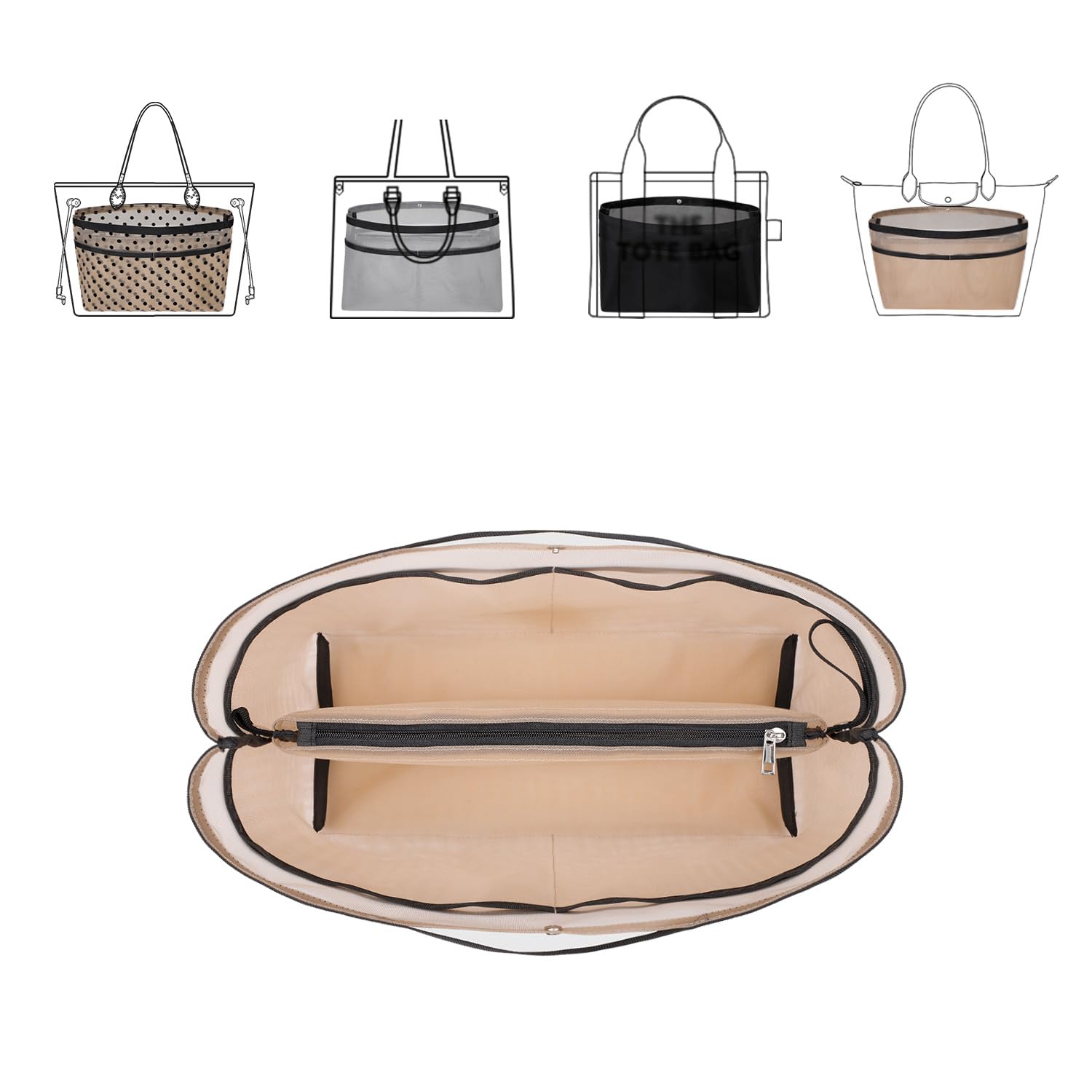 ZTUJO Purse Organizer Insert For Handbags,Mesh Bag Organizer Insert With Zipper Bag Tote Shaper Fit Speedy Neverful PM MM le Pliage,Light Weights (