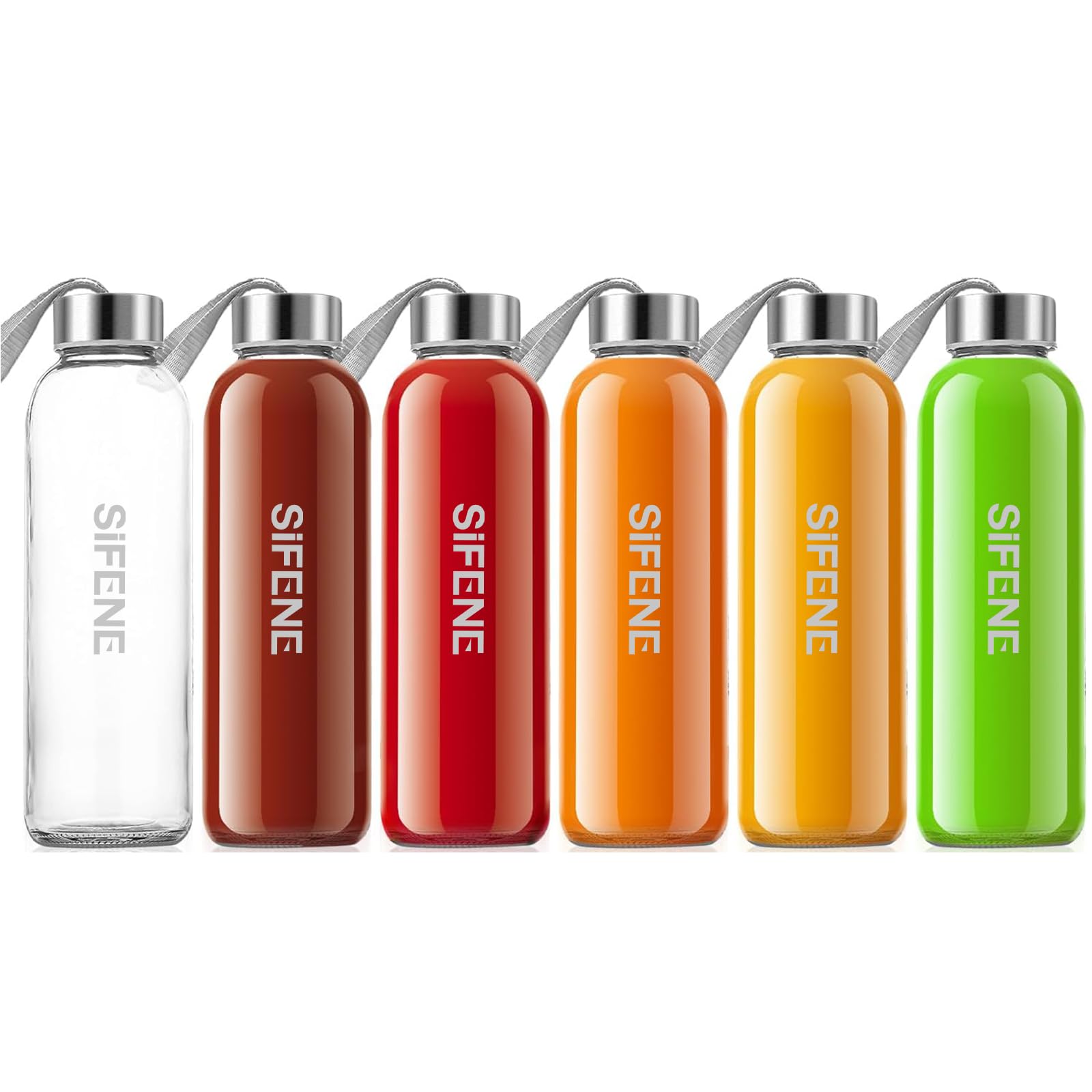 SIFENE 18oz Juice Bottles Set of 6, Clear Glass Water Bottles-BPA Free & Eco-Friendly, Reusable Refillable Bottles for Juicing, Sauce Jar, Juice Beverage Container with Stainless Steel Leak Proof Lids