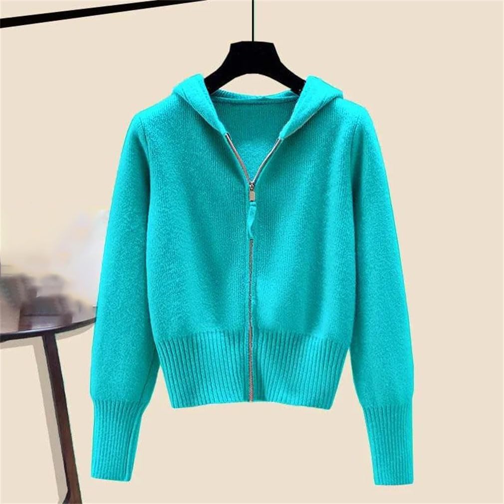 Women Long Sleeved Double Zipper Soft Cardigan Sweater with Hat Feeling Top Female Hooded Sweater Coat