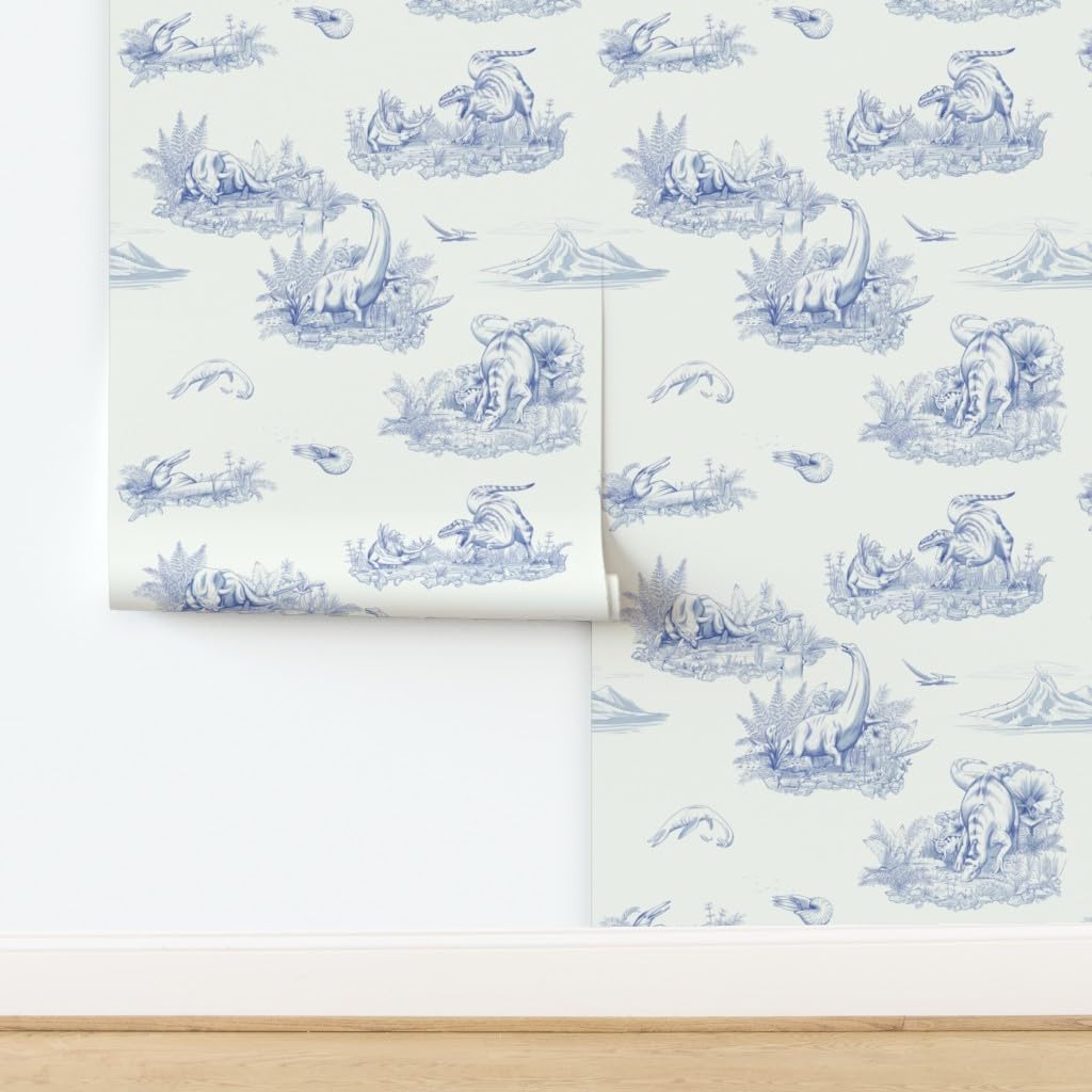 Spoonflower Peel & Stick Wallpaper 3ft x 2ft - Dinosaur Toile Du Jouy Blue Ink Kids Baby Brontosaurus Stegosaurus Custom Removable Wallpaper