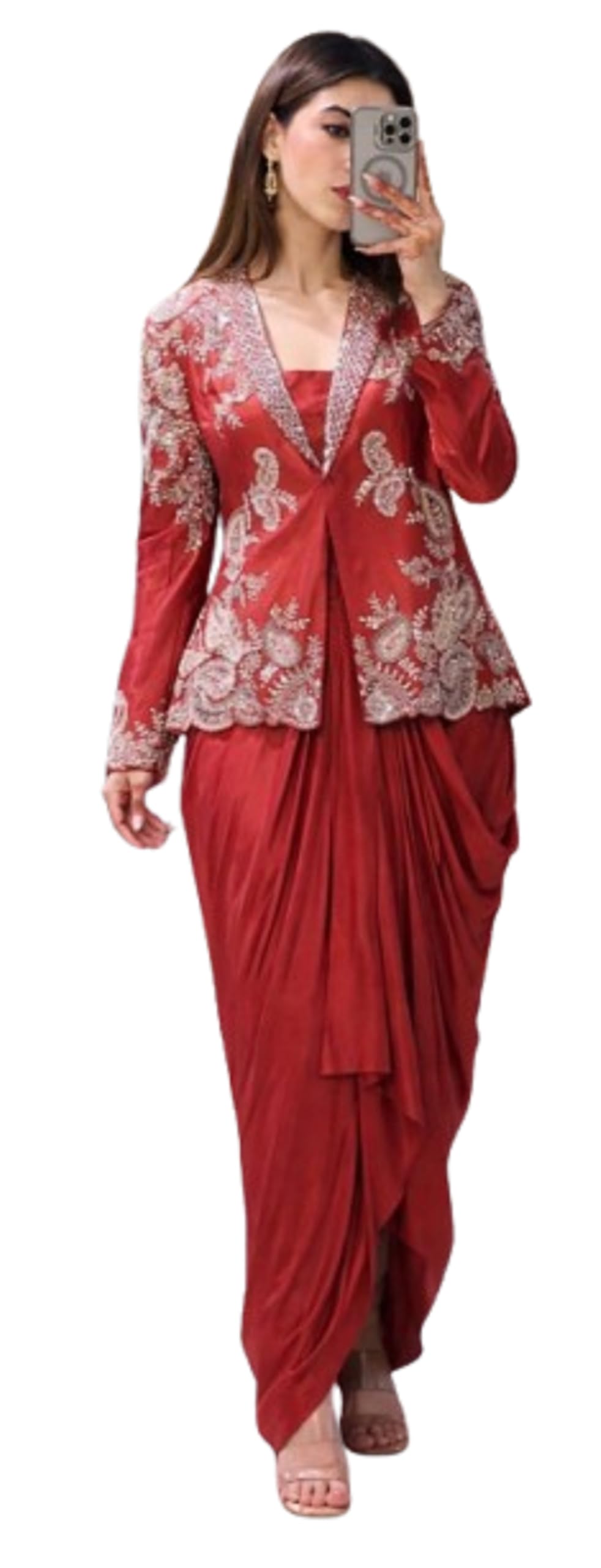 Crepe & Rangoli Silk Dhoti Set with Banglory Silk Blouse & Sequined Shrug | Ready-to-Wear 3-Piece Ethnic Outfit for Women Maroon Colour-image-42