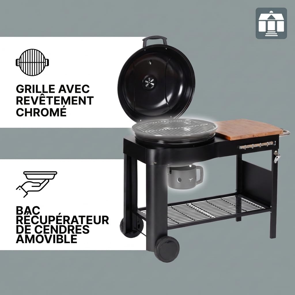 Tarrington House Barbecue au Charbon de Bois Calgary, Acier/Bois, Couvercle avec Thermomètre, Tablette latérale, Étagère Inférieure, 2 Roues, Noir