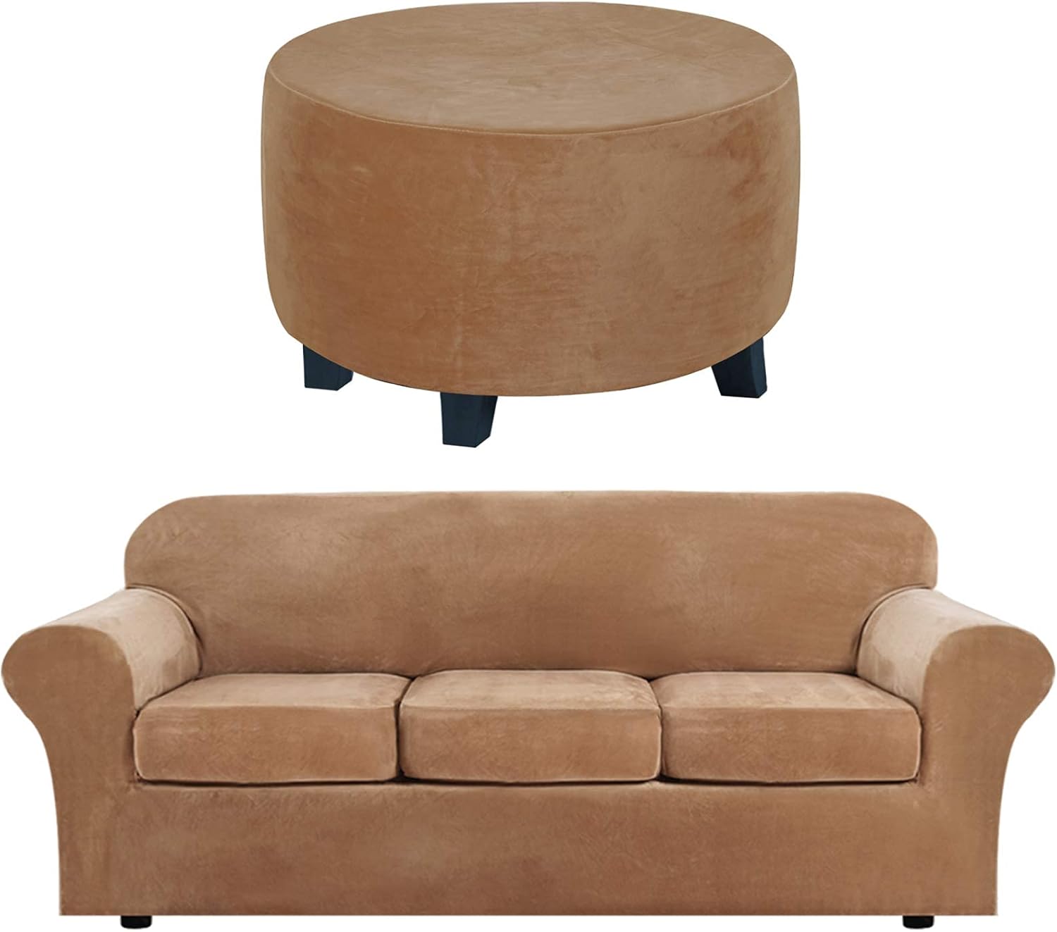 H.VERSAILTEX Velvet 4 Piece Sofa Slipcover for 3 Cushion Couch, Camel Bundles Round Ottoman Slipcover (Medium, Camel)