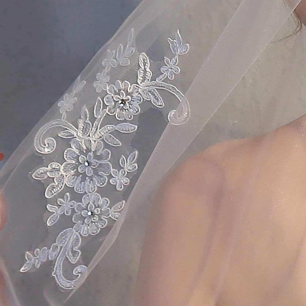 RULTA 1 Tier Lace Appliques Bridal Veil Crystal Beaded Tulle Wedding Veils with Comb