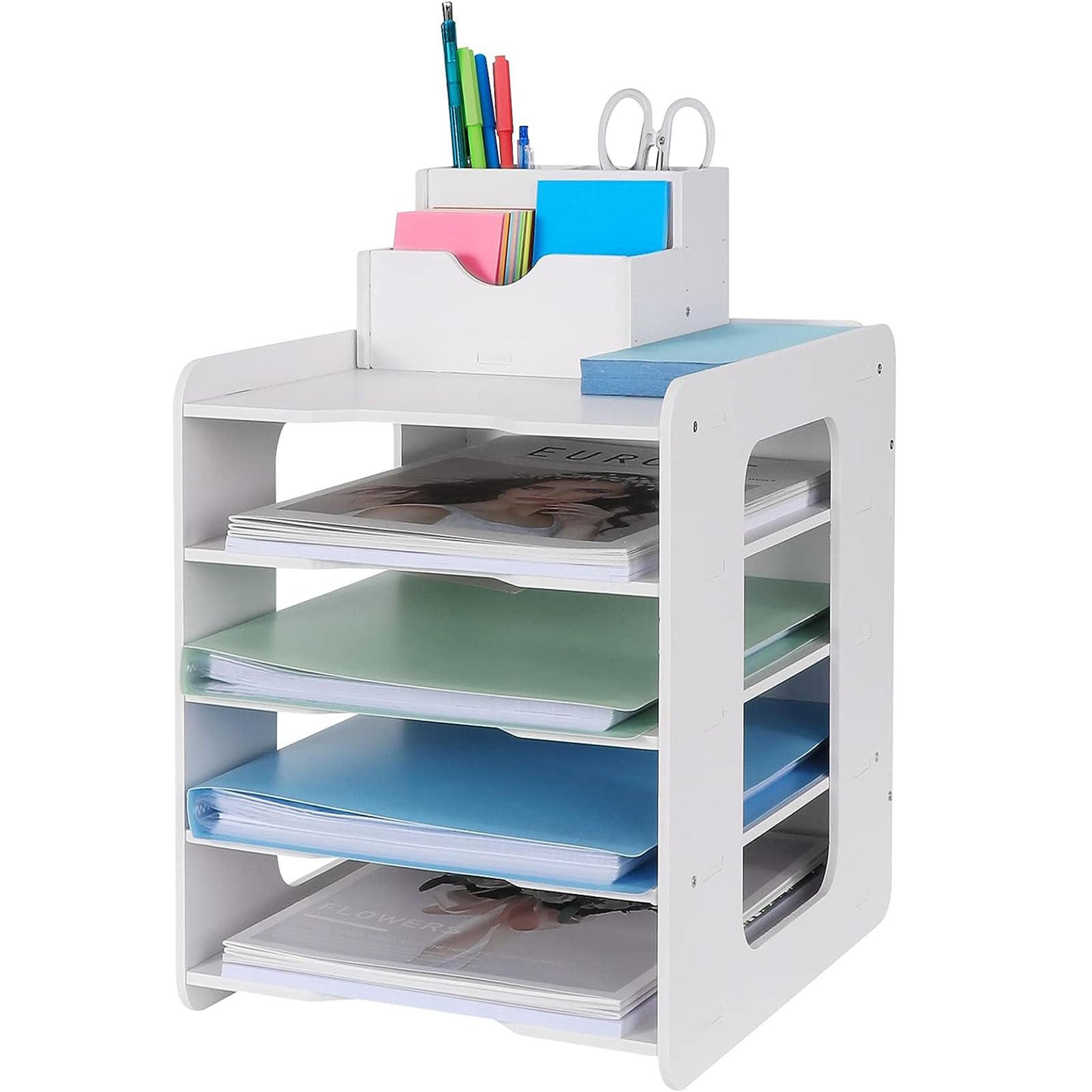 5 Tier Desk Organizer Tray with Drawer and Pen Holder, Letter/A4 File Organizer, Books Storage for Home Office School
