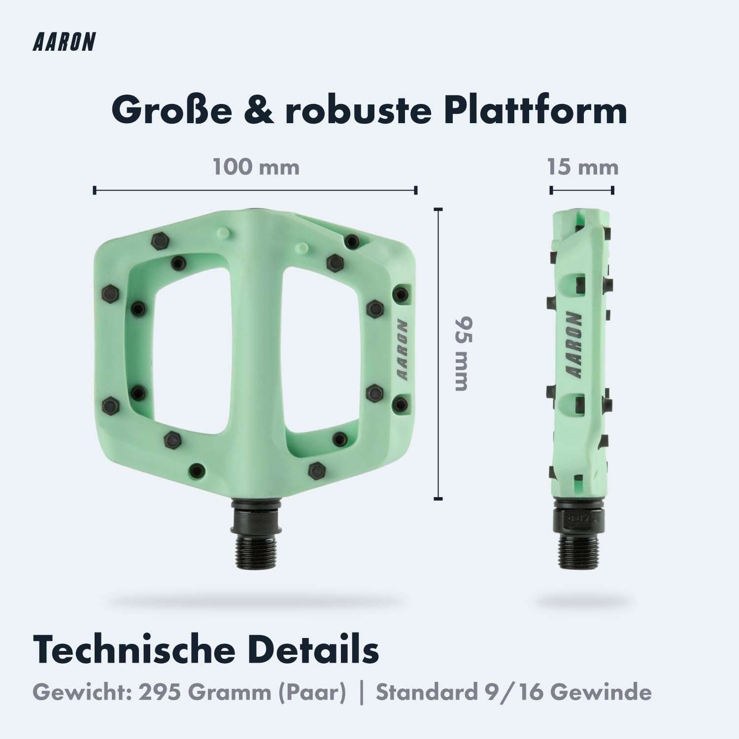 AARON Dirt MTB Pedale aus ultraleichten Nylonfasern mit abgedichtetem Industrie-Kugellager - rutschfest durch 8 austauschbare Pins - Plattform Fahrradpedale für Dirtbike, E-Bike, Downhill, Trekking