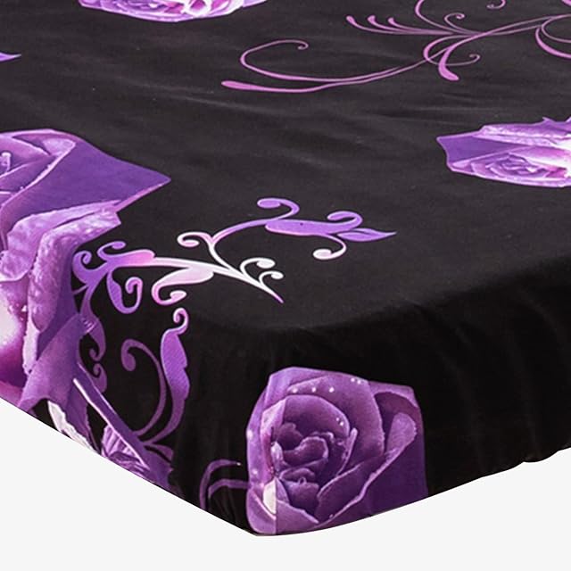 Purple Rose Fitted Sheet Double Bed Shrinkage and Fade Resistant Microfiber Fitted Sheet Extra Deep 35cm with 2 Pillow Cases (3Pcs, 135x190+35cm)